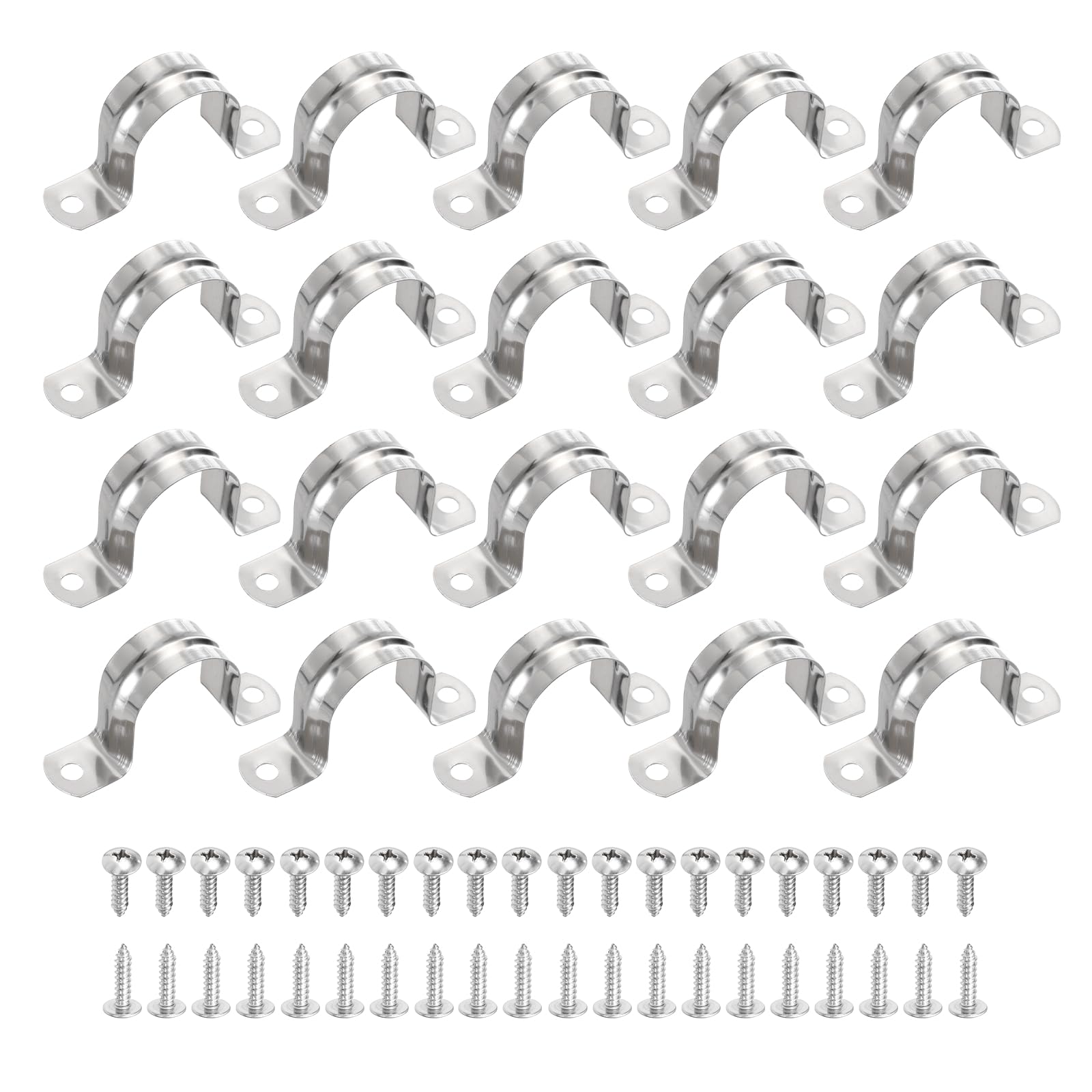 sourcing map 20Pcs 35mm(1-3/8") 304 Stainless Steel Rigid Pipe Strap, Two Hole Strap U Bracket Heavy Duty Pipe Conduit Clamp with Self-Tapping Screws for Hose Wire Cord Installation, Silver