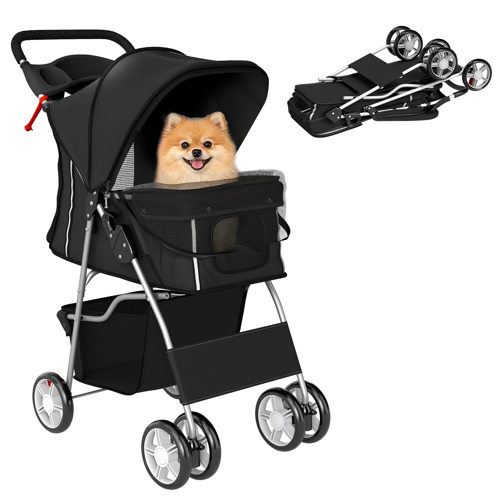 PawHut Passeggino per Cani Taglia Piccola Pieghevole, Carrozzina per Gatti 10kg Girevole 360°, Freni, Strisce Riflettenti, Finestre Rete, Cestino Portaoggetti, Cuscino Lavabile, Portabicchieri, Nero