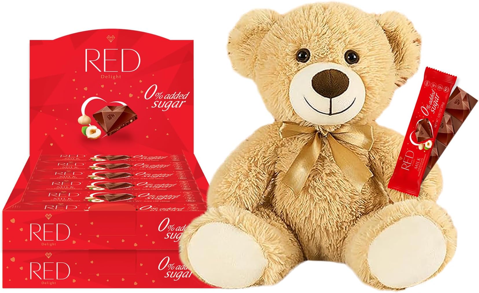 RED Delight®™ Hazelnut and Macadamia Milk Chocolate 12 Count Box of Grab N Go Travel Size Bars (0.92 Ounces Each) (2 Boxes - Total of 24 Bars + 14" Plush Teddy Bear)