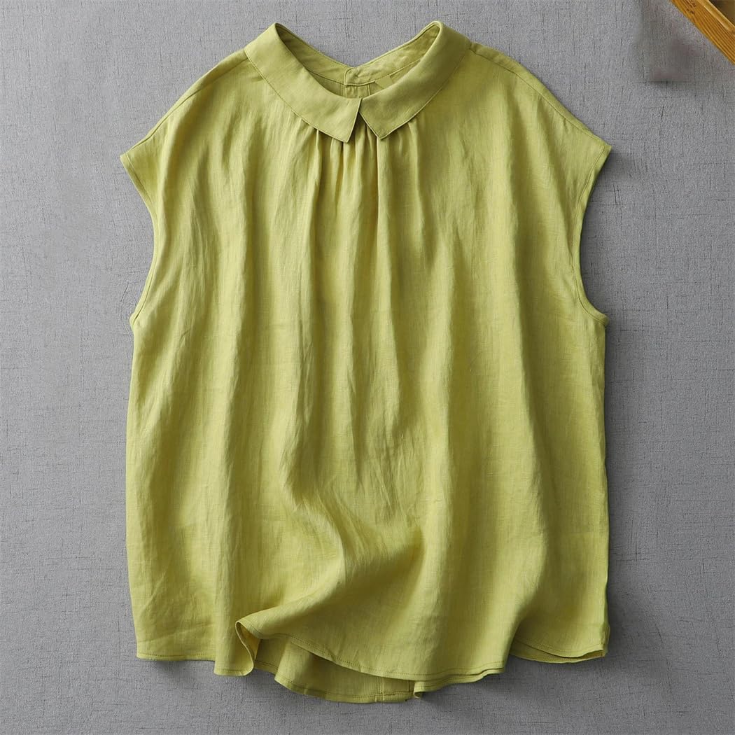 Camicia estiva da donna in cotone e lino con risvolto tinta unita casual ufficio signora senza maniche canottiera top