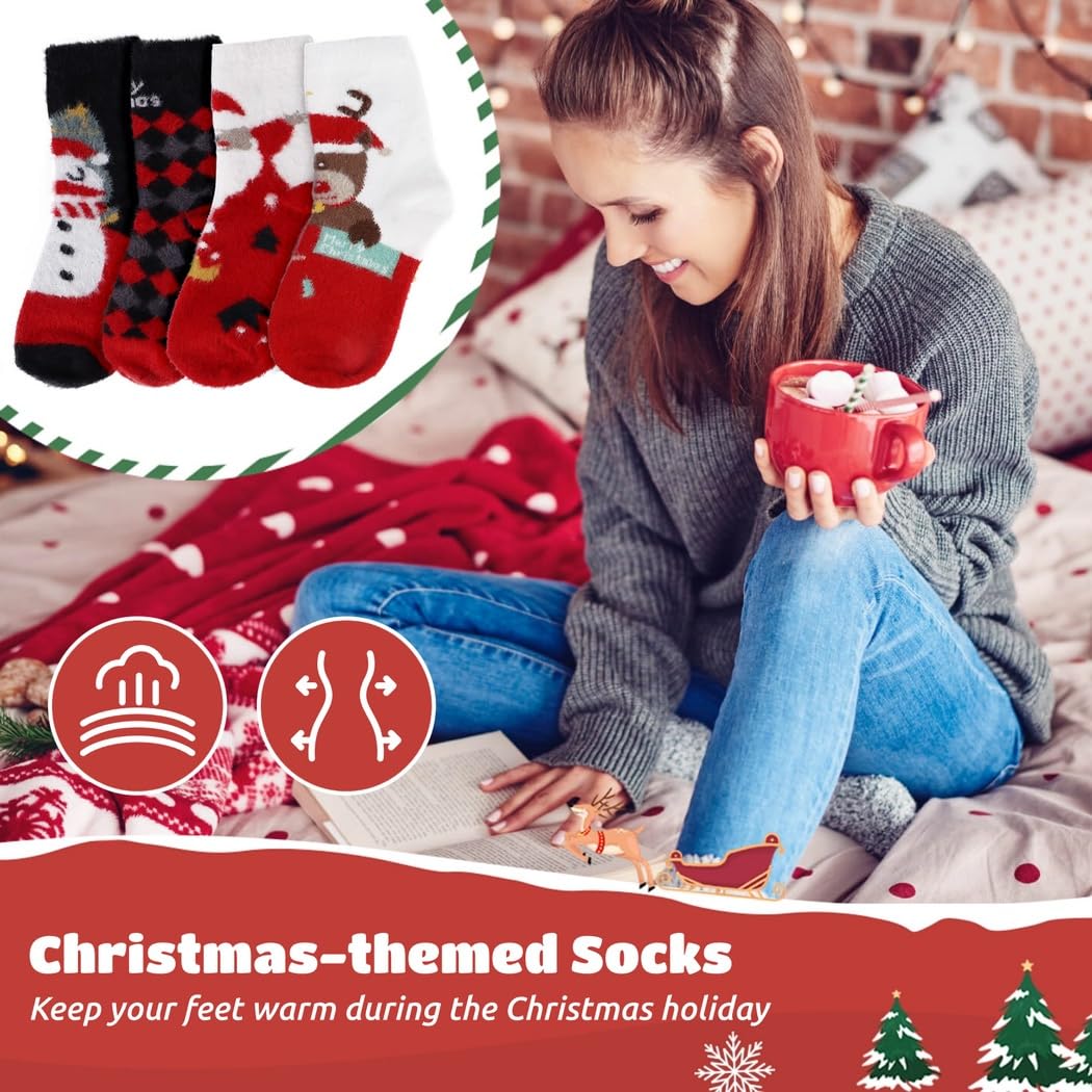 Warme Weihnachtssocken, dicke Fleece-Wintersocken, bunte Weihnachtssocken, 4 Paar für Urlaub, Party, Geschenke, 8 Stück