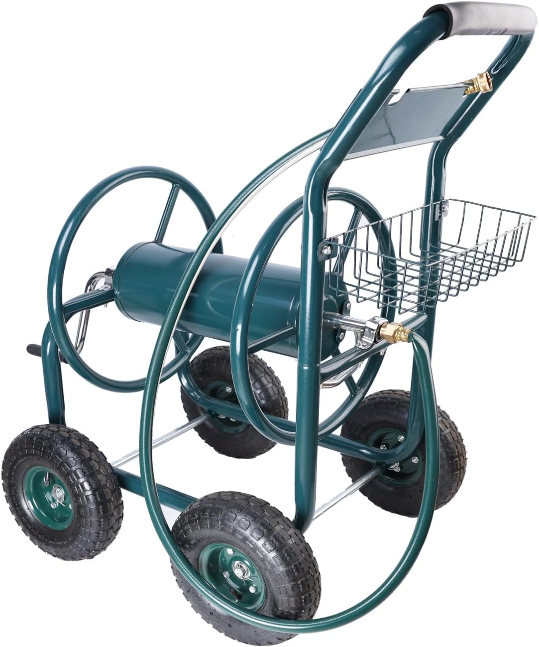 Garden Hose Reel Cart - 4 Wheels Portable Water Hose Holder With Storage Basket, Heavy Duty