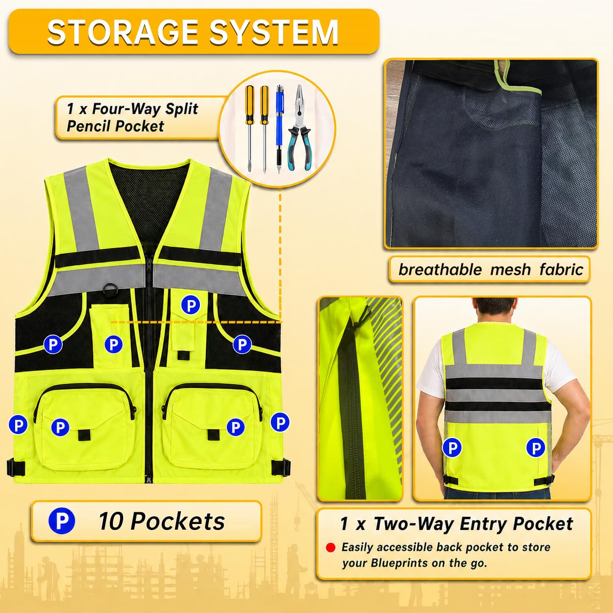 Chaleco de seguridad de punto con rayas reflectantes 3M, chaleco Oxford de alta visibilidad con bolsillos, ropa de trabajo de construcción brillante para hombres y mujeres, Amarillo alta visibilidad,