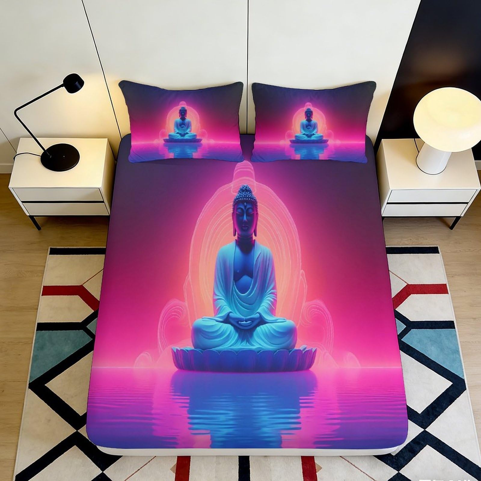 3D Printed Neon Buddha Fitted Sheet Microfiber Soft Breathable Glow Mattress Cover for Bedroom Dormitory Guest Room Protection and Decoration 160x200x25cm