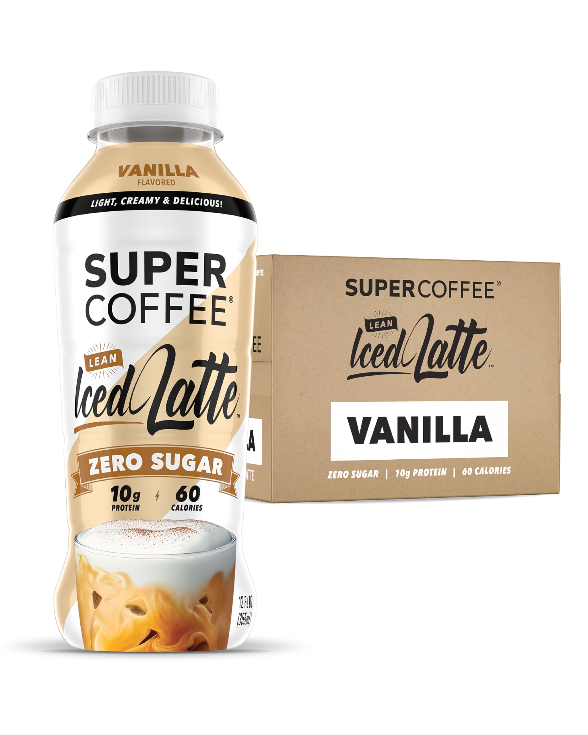 Super Coffee, Ready To Drink Iced Coffee, Vanilla Latte (12 Ounce Bottles, Pack of 12) - Low Net Carbs, No Added Sugar, Keto Friendly, 10g of Protein, Low Calorie, Protein Coffee