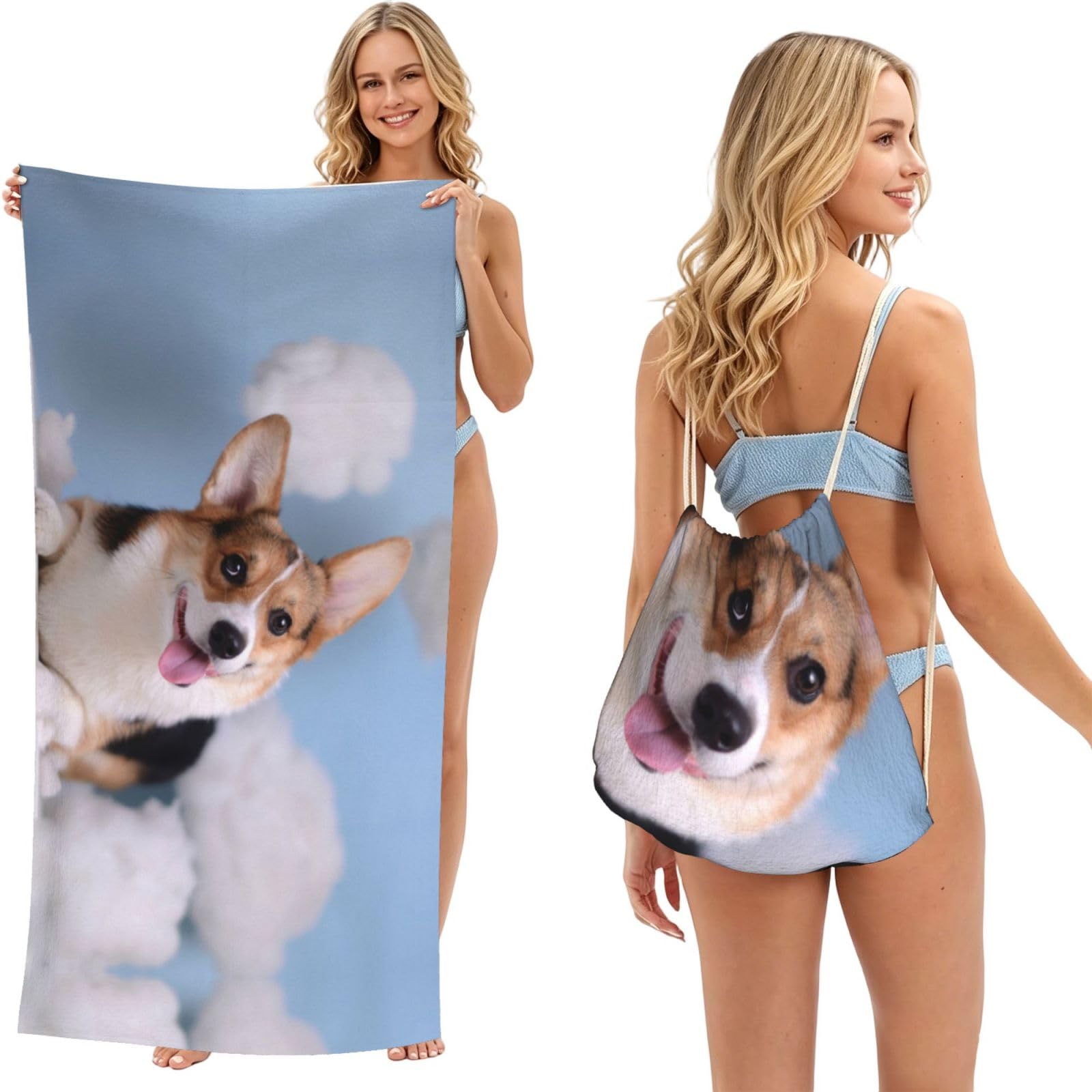 WSHFFILO Corgi Dogs printed 2 in 1 Packable Towel Bag Bath Towel Beach Towel