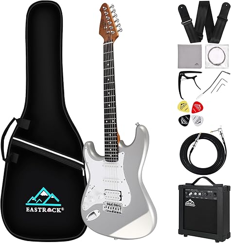 EASTROCK Kit de guitarra eléctrica de tamaño completo de 39 pulgadas para principiantes con amplificador de 10 W, bolsa, cejilla, correa para el