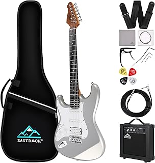 EASTROCK 39 inch Full-Size Electric Guitar Kit for Beginner Starter with 10w Amp, Bag, Capo, Shoulder Strap, String, Cable, Picks.(39" Left Handed, Silver Gray) Not Contain a Battery