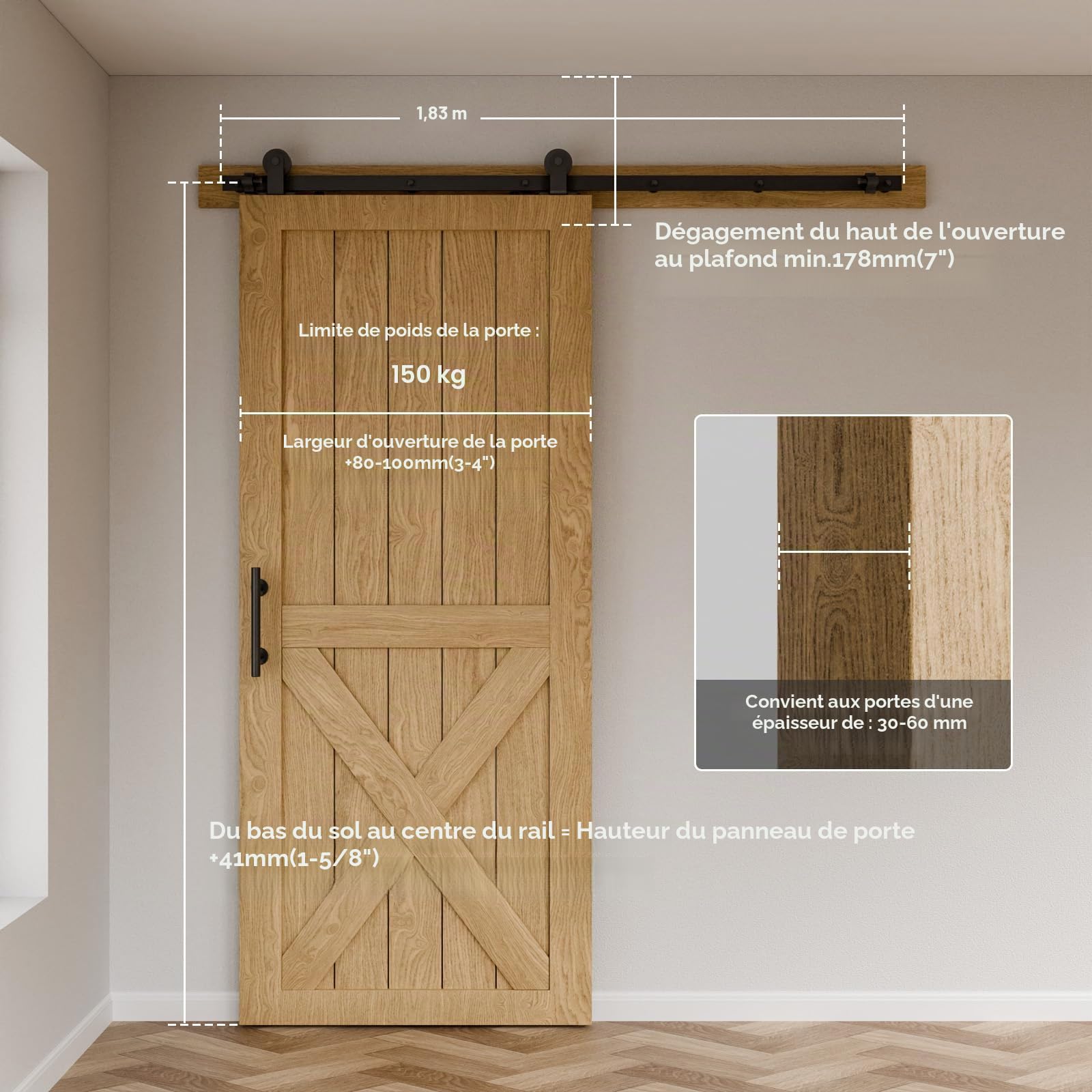 Kit complet de ferrures de porte coulissante de 182 cm - Système de porte coulissante - Noir - Avec guide au sol réglable et poignée de porte