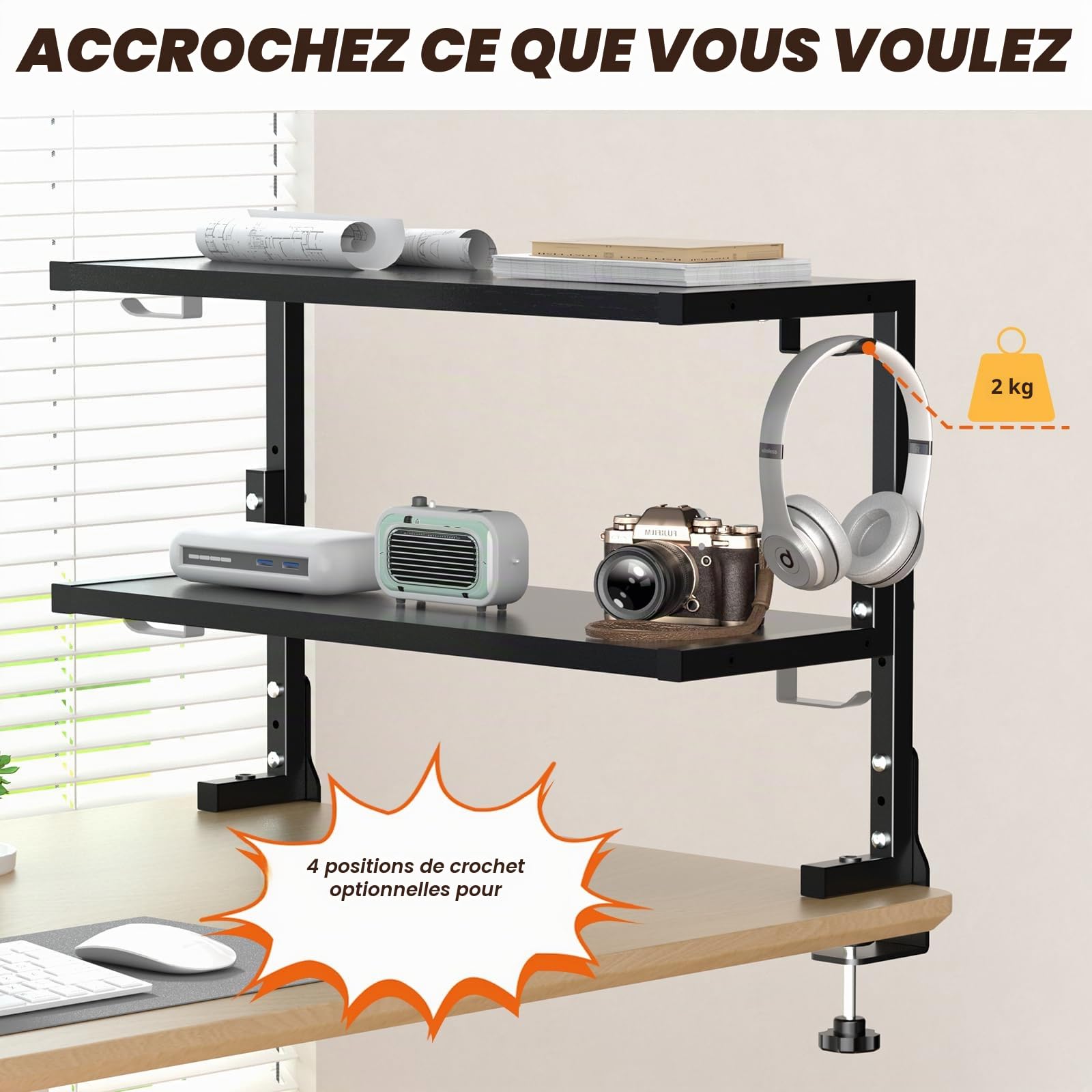 PUTORSEN Organisateur de Bureau à Pince 24 Pouces, Étagère à 2 Niveaux Au-Dessus ou en Dessous, Espace Personnalisé pour Accessoires, Etagere Cuisine, Noir