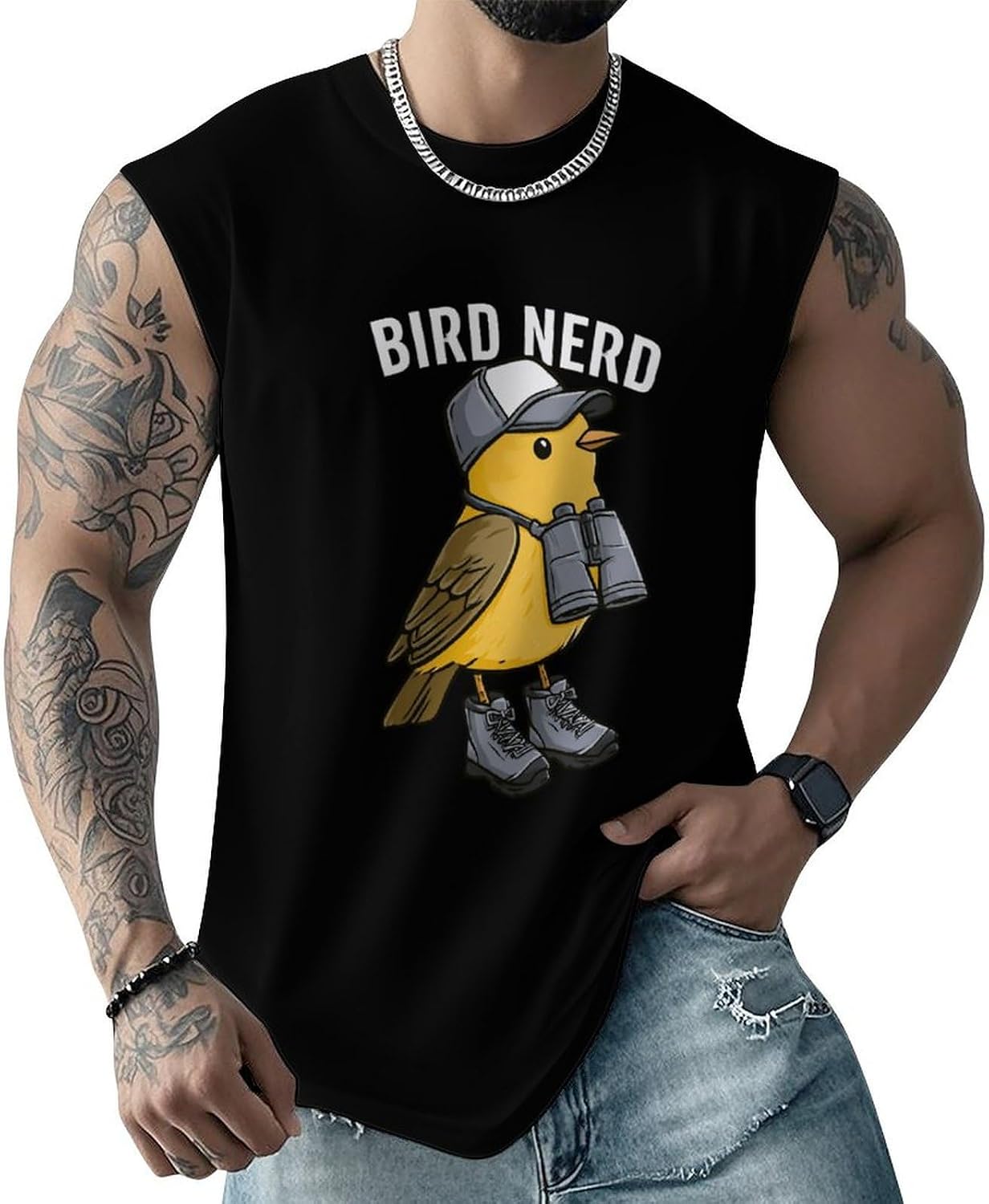 Bird Nerd with Binoculars Men Summer Sleeveless Crew Neck Top 5XL