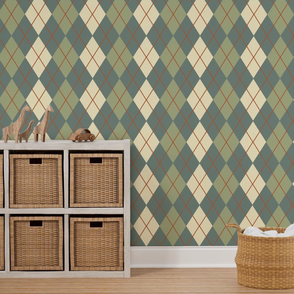 Peel & Stick Wallpaper 3ft x 2ft - Argyle Green Plaid Tartan Custom Removable Wallpaper by Spoonflower