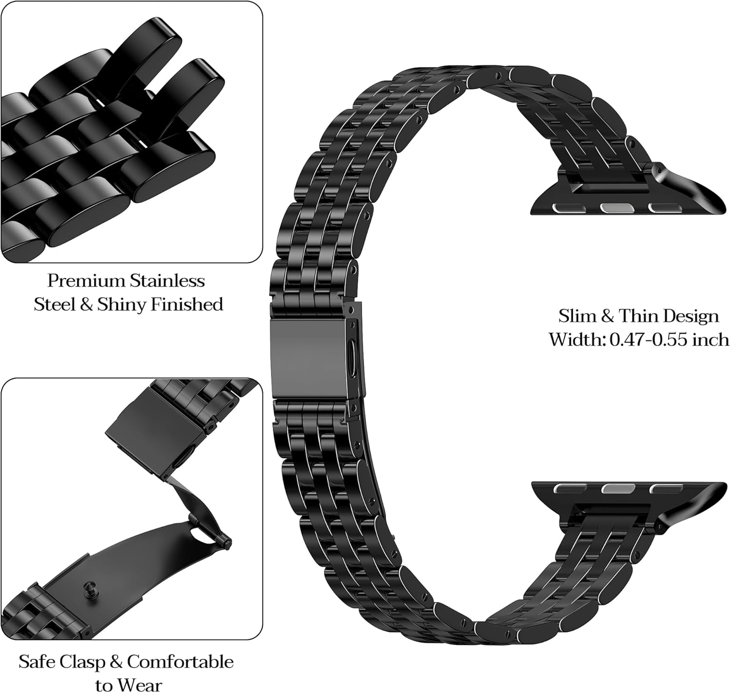 for Apple Watch Band 38mm 40mm 41mm 42mm 44mm 45mm Series 9 8 7 6 5 4 3 2 1 SE SE2 Women and Men,Classic Stainless Steel Metal Watchband for iWatch Bands,Pretty Shiny Look - Image 2