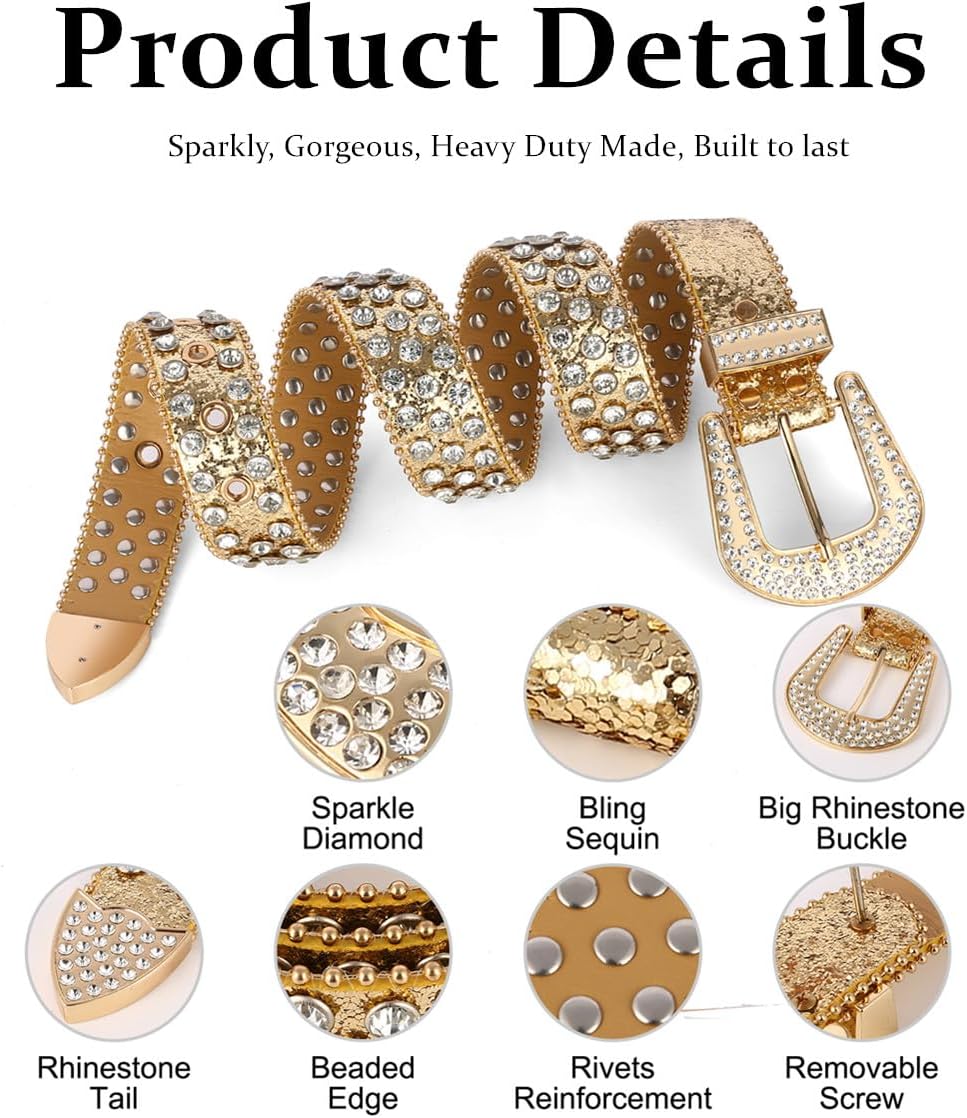 Rhinestone Belt Western Cowboy Cowgirl bb Belts Bling Glitter y2k Studded Waist Belt for Jeans Plus Size - Image 6