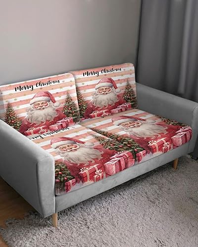 Miniatura 3 de Pink Santa Christmas Couch Cushion Covers, Stretch Sofa Cover with Elastic Bottom, Xmas Tree Winter Snowflake Gifts Sofa Slipcovers Protector