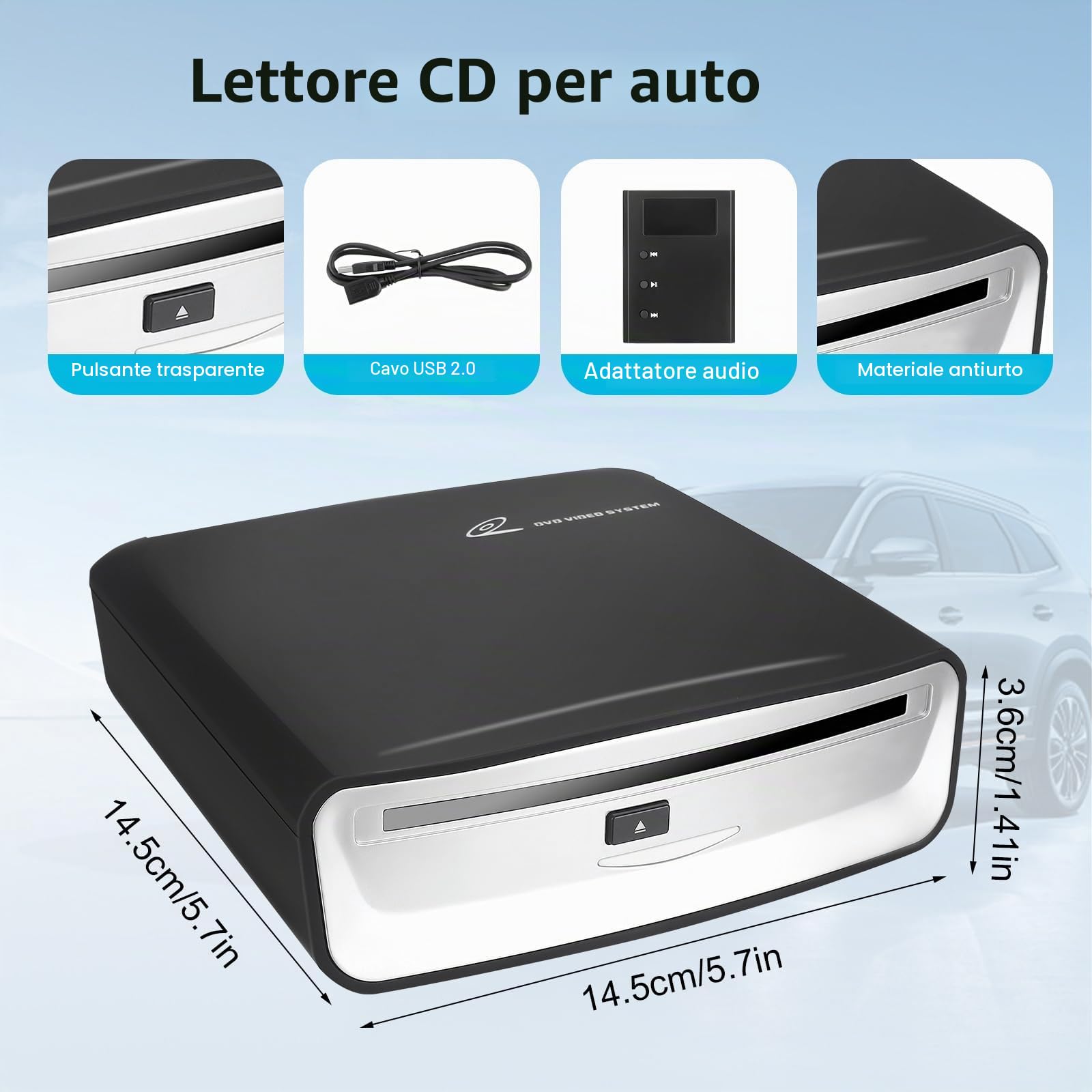 Lettore CD/DVD Esterno per Autoradio Android con Connessione USB, Controllo Touchscreen, Plug & Play, Senza Necessità di Alimentazione Esterni
