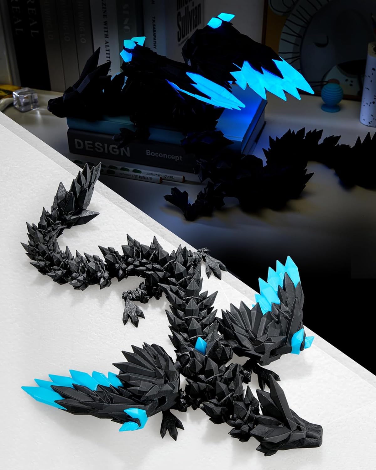 3D Printed Dragon with wings, Large 3D Dragon Glow in the dark--Bigger Fidget Toy Gift for Kids, Boys, Girls ,Cool Crystal 3-D Printed Animals Desk Decor ,easter basket Stuff(Luminous Black Blue)