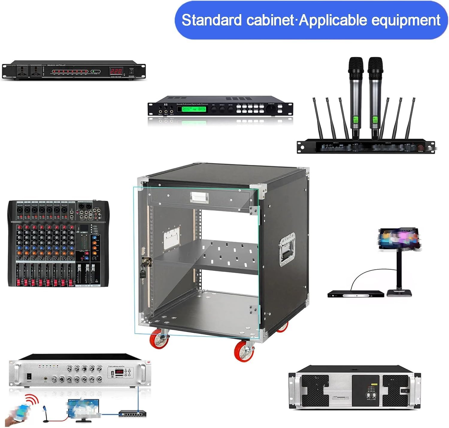 Stereo Cabinet Audio Video Rack con Ruote, Porta Trasparente bloccabile, scaffali Regolabili, cassetto, Angoli in Metallo Resistenti per Home Theater Ufficio Sala da Registrazione Nero 8U 12U 16U