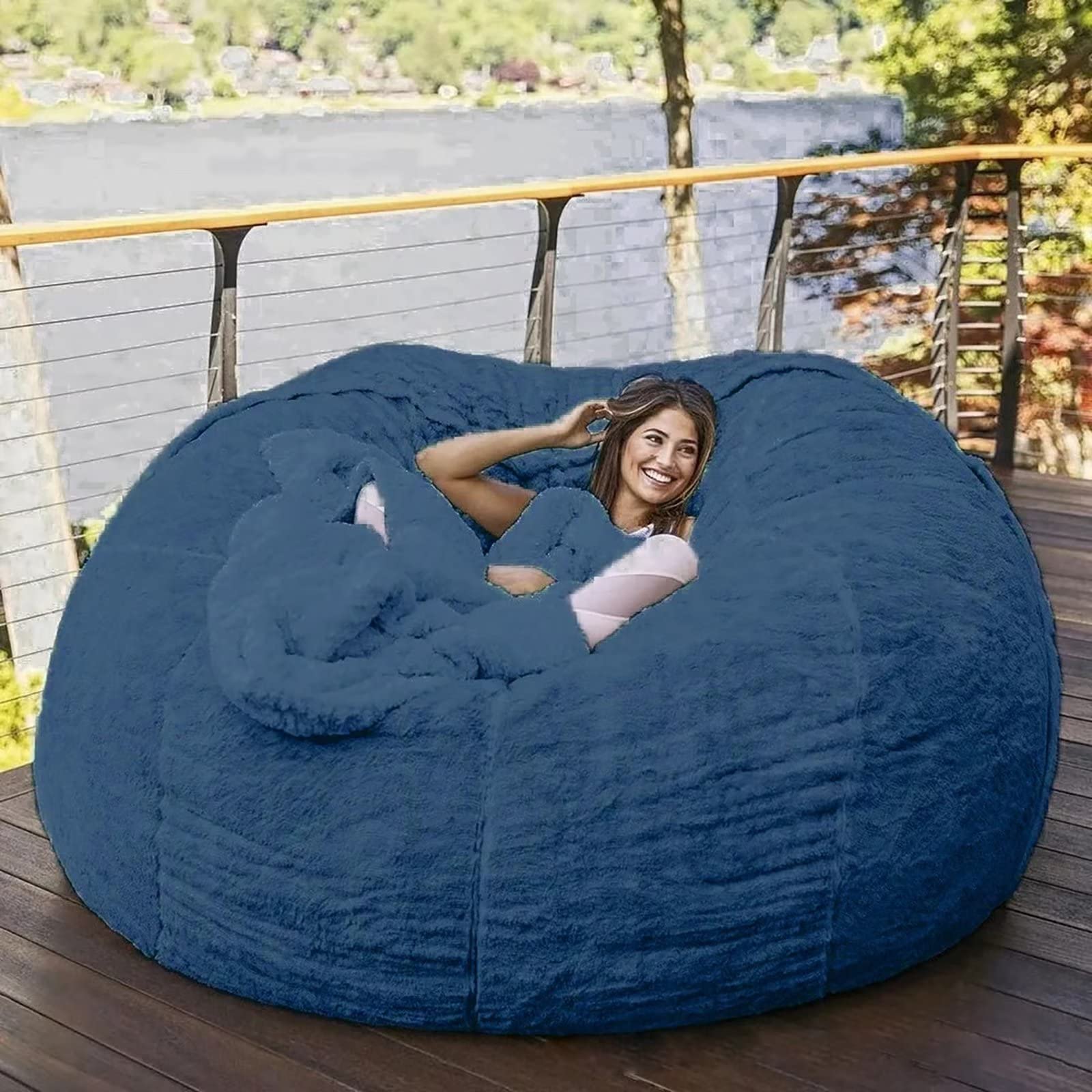 LHXY Bean Bag Chair Cover(Cover Only,No Filler) Chair Cushion, Big Round Soft Fluffy PV Velvet Washable Lazy Sofa Bed Cover, Living Room bedroom Furniture ，navy blue