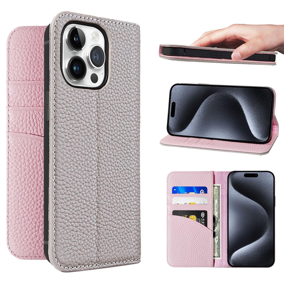 NanHou iPhone 15 Pro Wallet Case Genuine Leather RFID Blocking Card Holder folio Flip Case Magnetic Closure Shockproof Flip Cover - grey/Pink