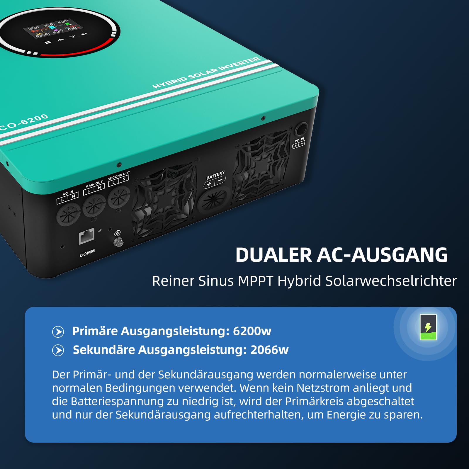 Anern 6200W Hybrid Wechselrichter Solar 48Vdc zu AC 230V mit 2 AC-Ausgang PV 60-500VDC Off Grid Reine Sinus Welle Solar Wechselrichter 120A MPPT Für Bleisäure- und Lithium-Batterien mit WiFi-Modul