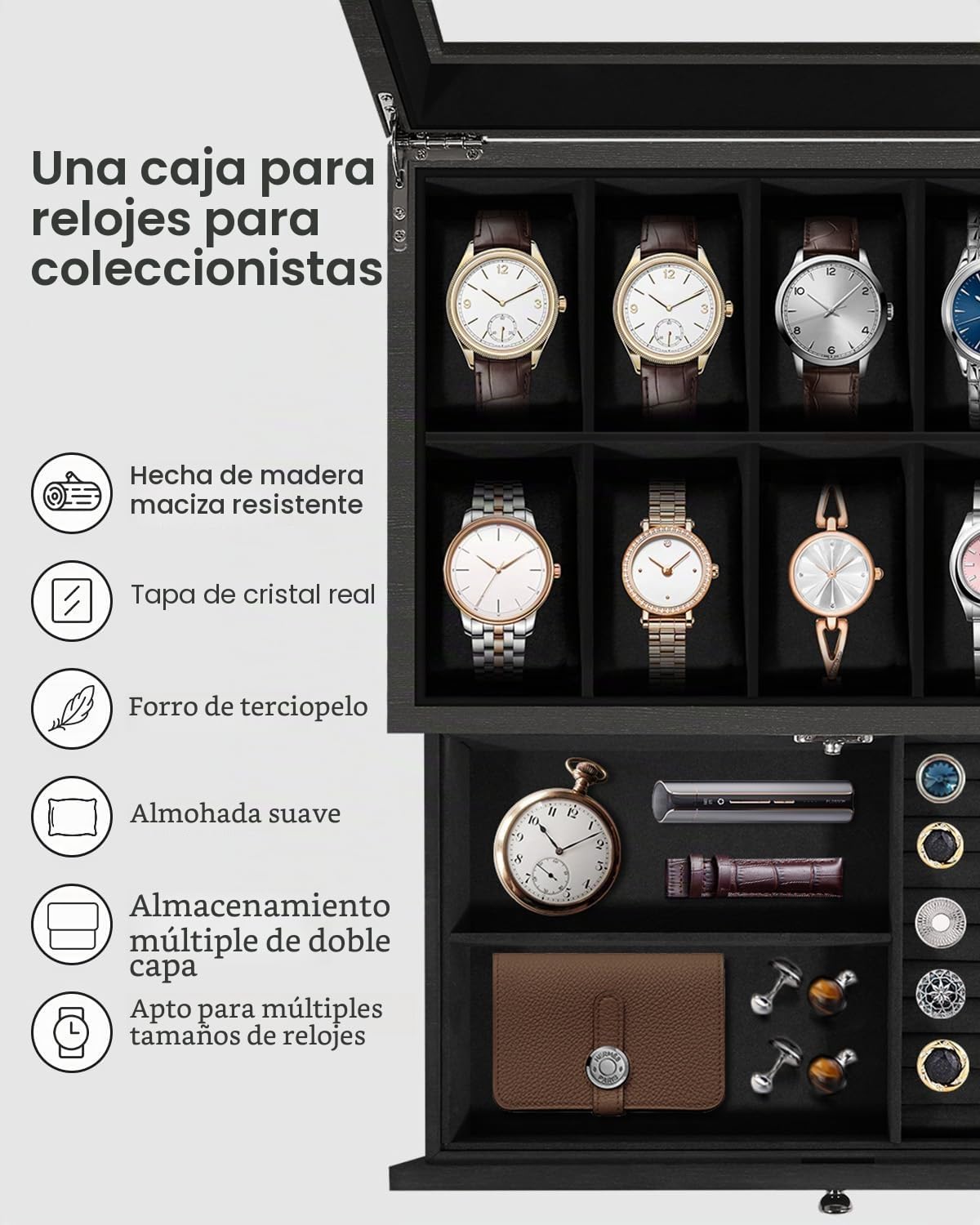 Uten Caja de Relojes con 10 Compartimentos, 2 Niveles Caja para Reloje Madera, Tapa de Vidrio y Almohada Algodón Seda, Forro Negro, para Exhibición y Almacenamiento de Relojes Joyería