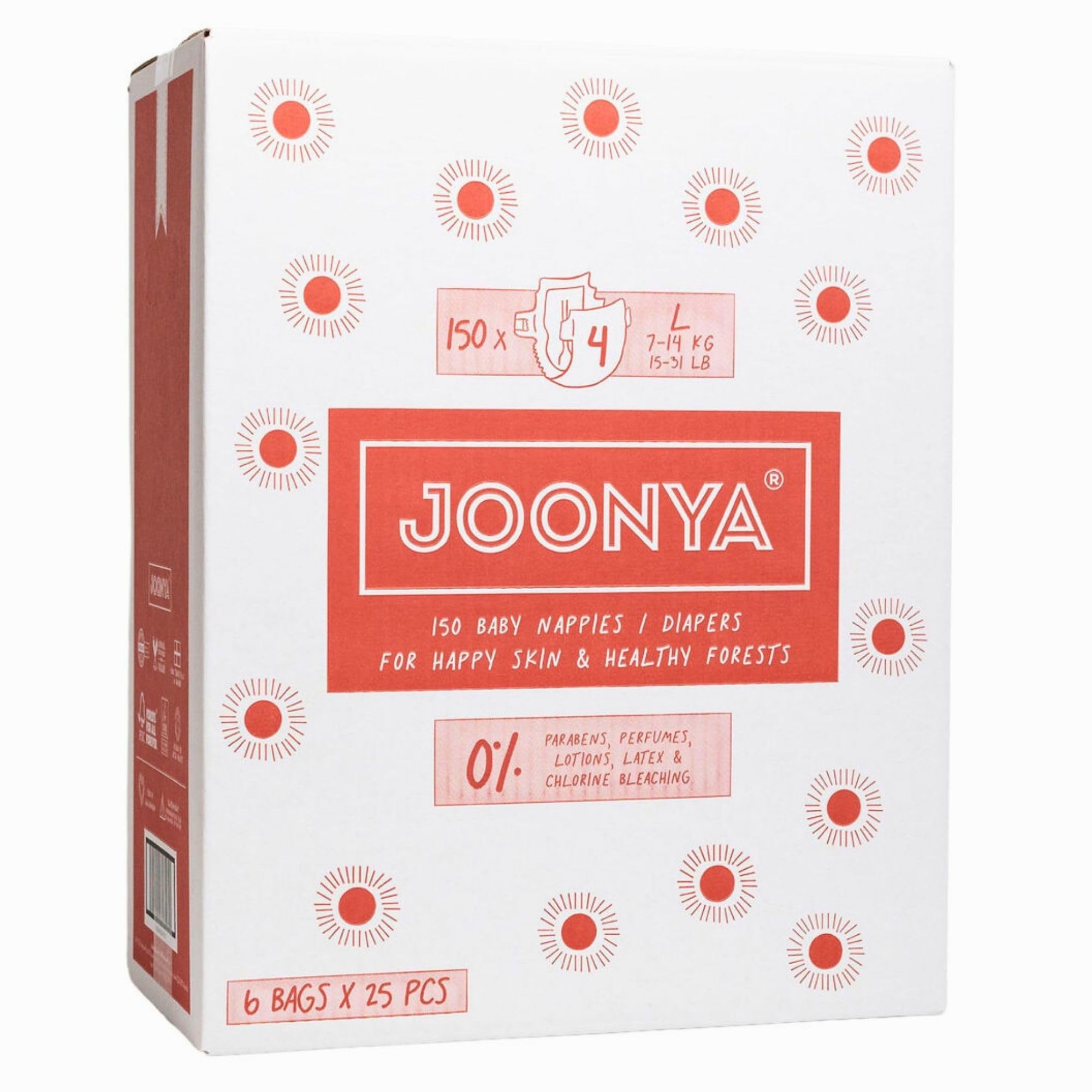 Baby Nappies, Size 4 L (7-4 kg) - 6 Bags of 25 (150) - **New Range** - NonToxic, Eco-Friendly, Ultra Slim, Overnight Use - Made in Denmark