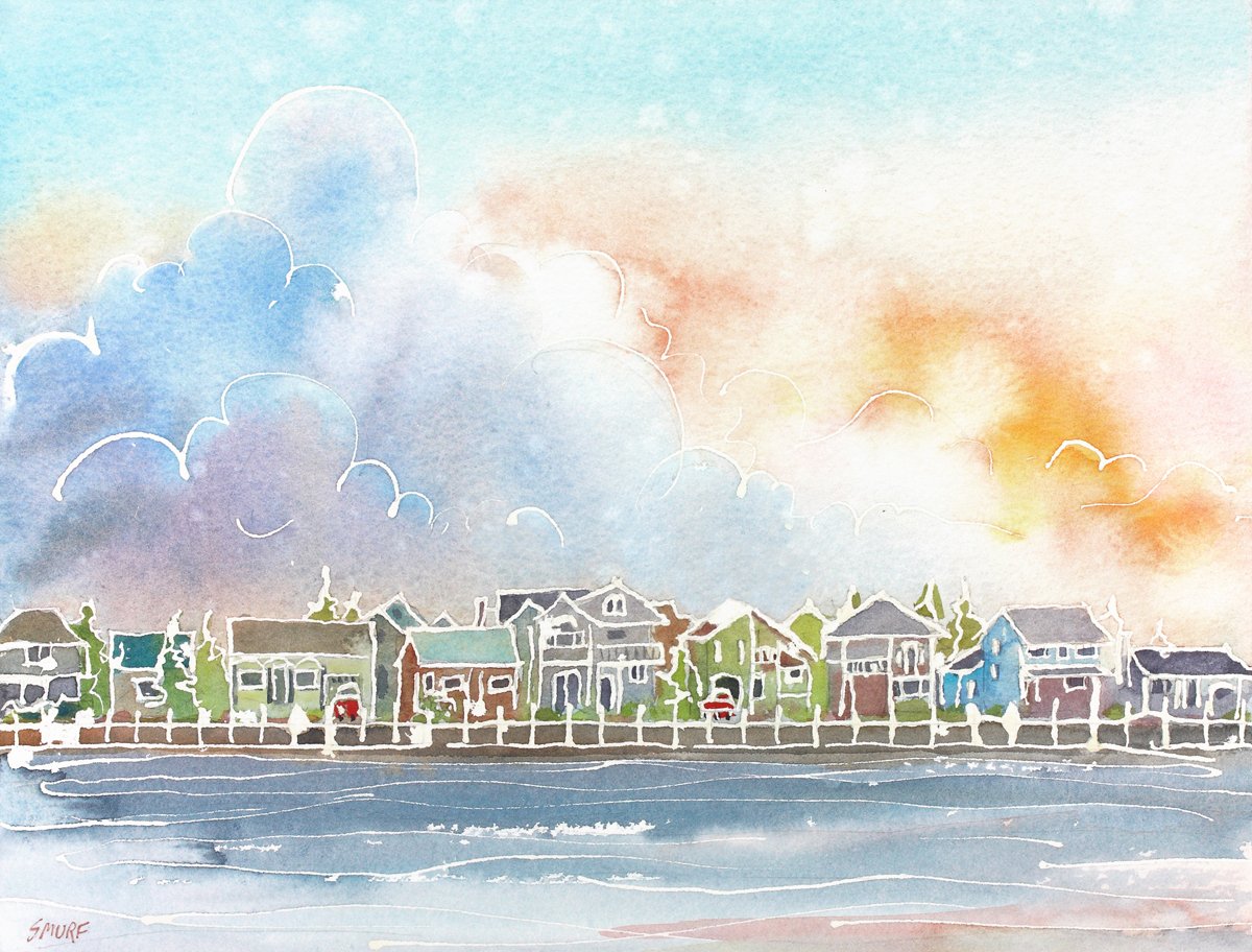 The Little Beach House, Giclee Print of a Seaside Scene Watercolor Painting, Picture of Cottages at the Shore, Image 9 x 12 Inches
