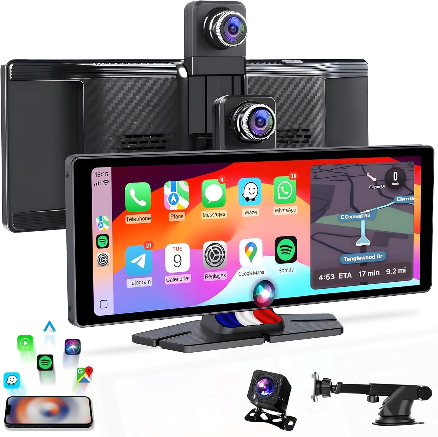 Schermo CarPlay per auto e Android senza fili da 10,26 pollici, IPS – Dashcam 4K + telecamera posteriore 1080p – Autoradio Bluetooth FM AUX – Plug & Play USB-C, scheda 64 GB – CarByNevo D4 Pro
