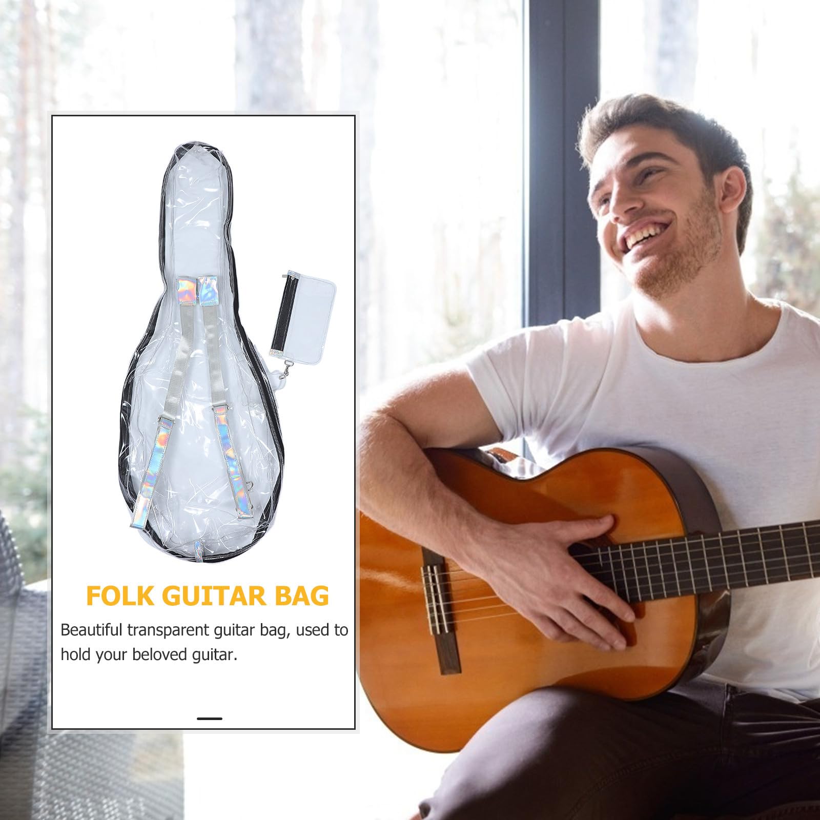 Veemoon Borsa per Chitarra Acustica Trasparente Pc, Zaino Doppie Spalline, Bianco, per Chitarra Folk 39/40/41 Pollici, Leggero, per Uso Outdoor