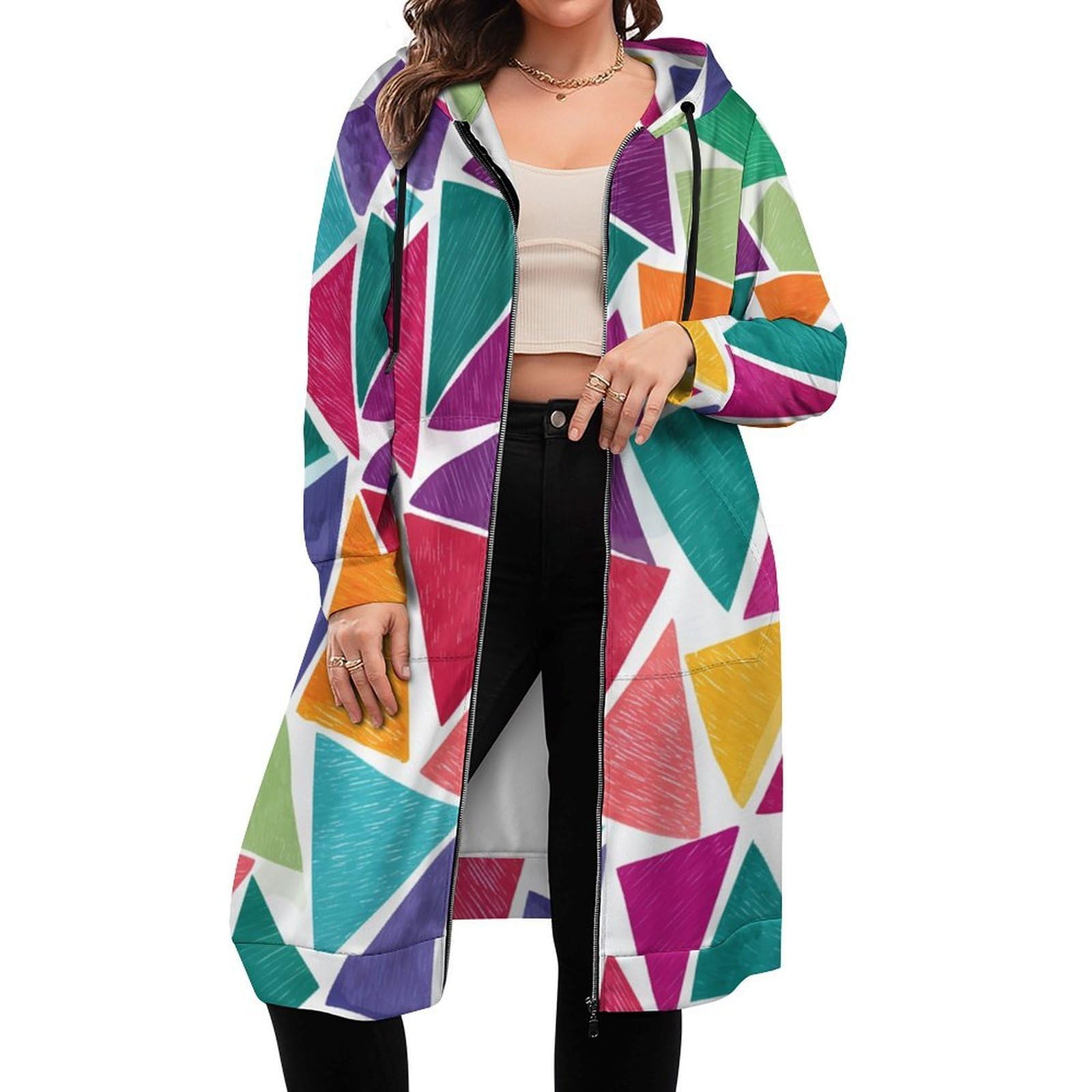 Felpa Donna con Zip Felpe Sportiva con Tasche E Cappuccio Motivo A Triangolo Colorato Morbida Invernale Giacca Regolabile Confortevole per Uso Quotidiano Casual
