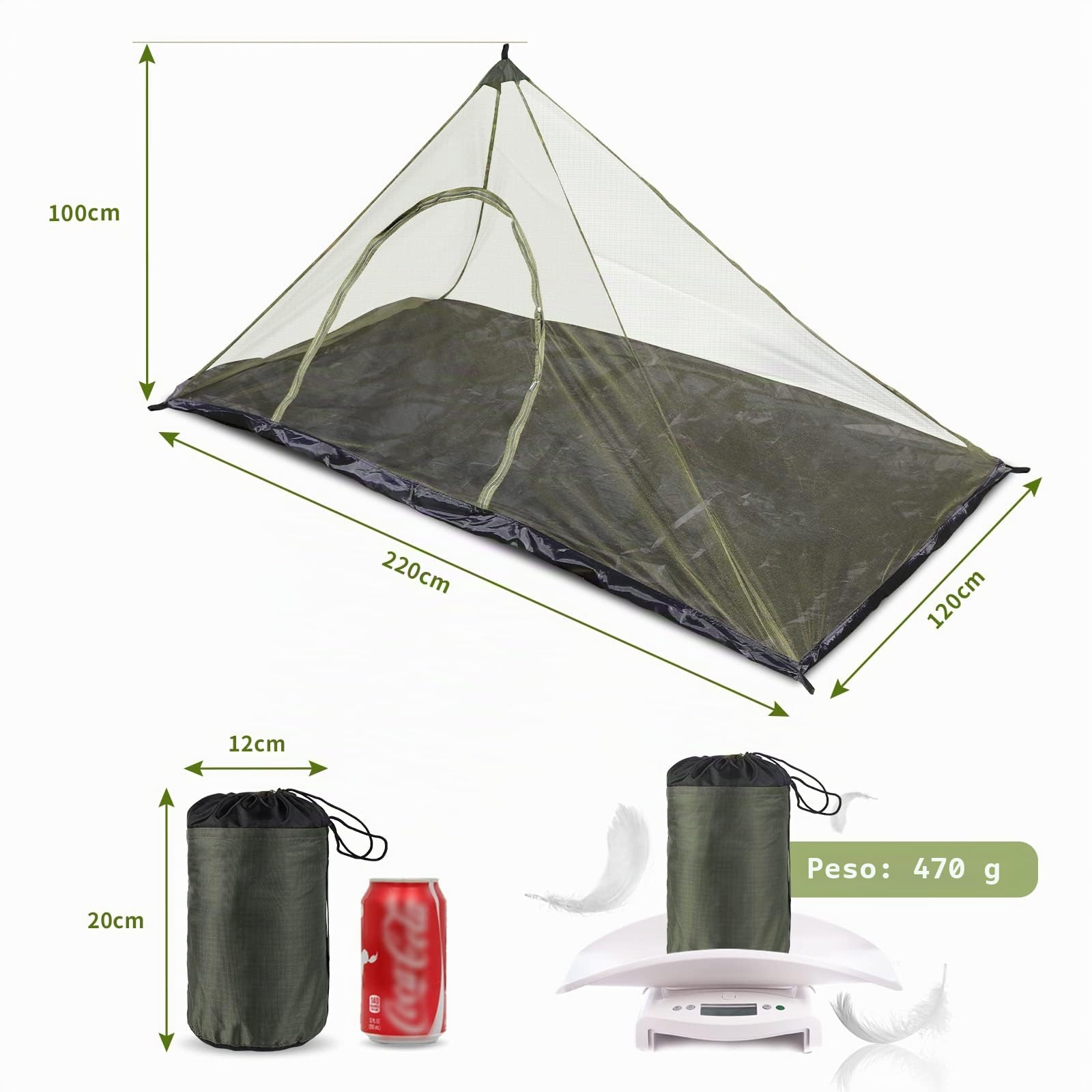EFUTURETIME Zanzariera da Campeggio, 220 x 120 x 100 cm, Zanzariera da Viaggio Leggera, Portatile, Tenda Anti-zanzara con Porta Cerniera per Letto da Campeggio, Escursionismo, Verde