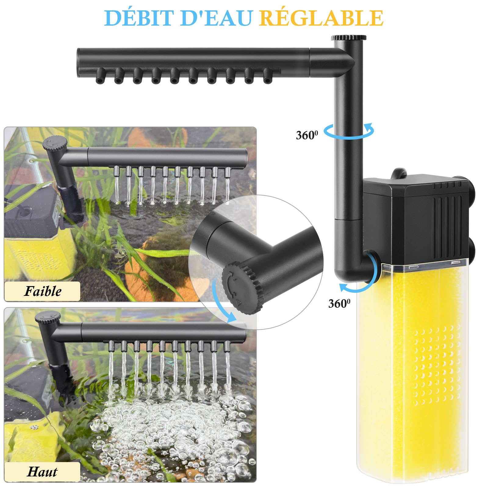 FEDOUR 8W 16W Filtre Immersible pour Aquarium, Filtre Interne de Bassin à Poissons Silencieux avec Barre de Pulvérisation, Puissant Filtre pour Aquarium de 15-300L(8W pour 15 – 120 litres)