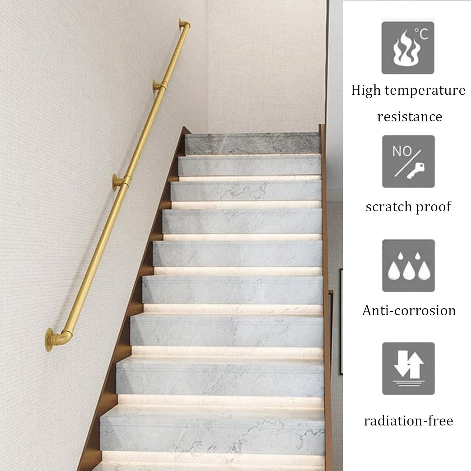 MObyat Stairs Handrail for Indoor Steps Staircase Handrail Banister Wall Mount Metal Wrought Iron Grab Rail Support Kit Gold Steps Hand Rail Home Decoration/4Ft/120Cm