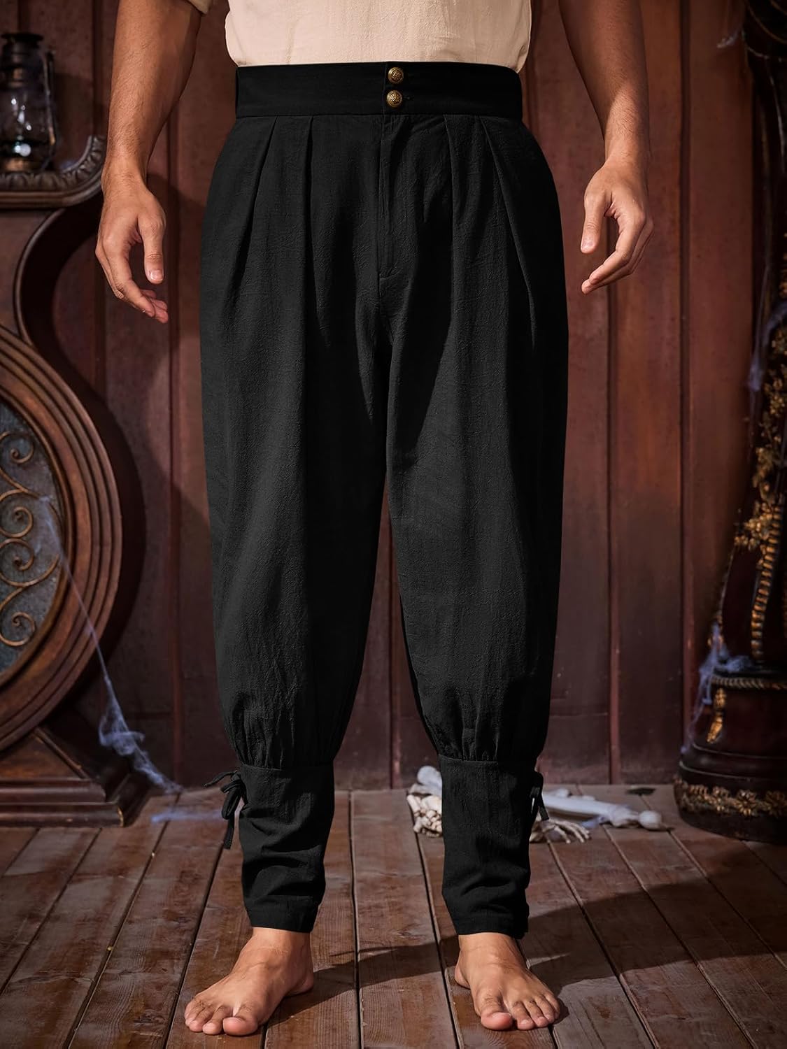 Runcati Mens Medieval Ankle Pants Renaissance Viking Pirate Pants Lace Up Cotton Tapered Halloween Costume Trousers - Image 2