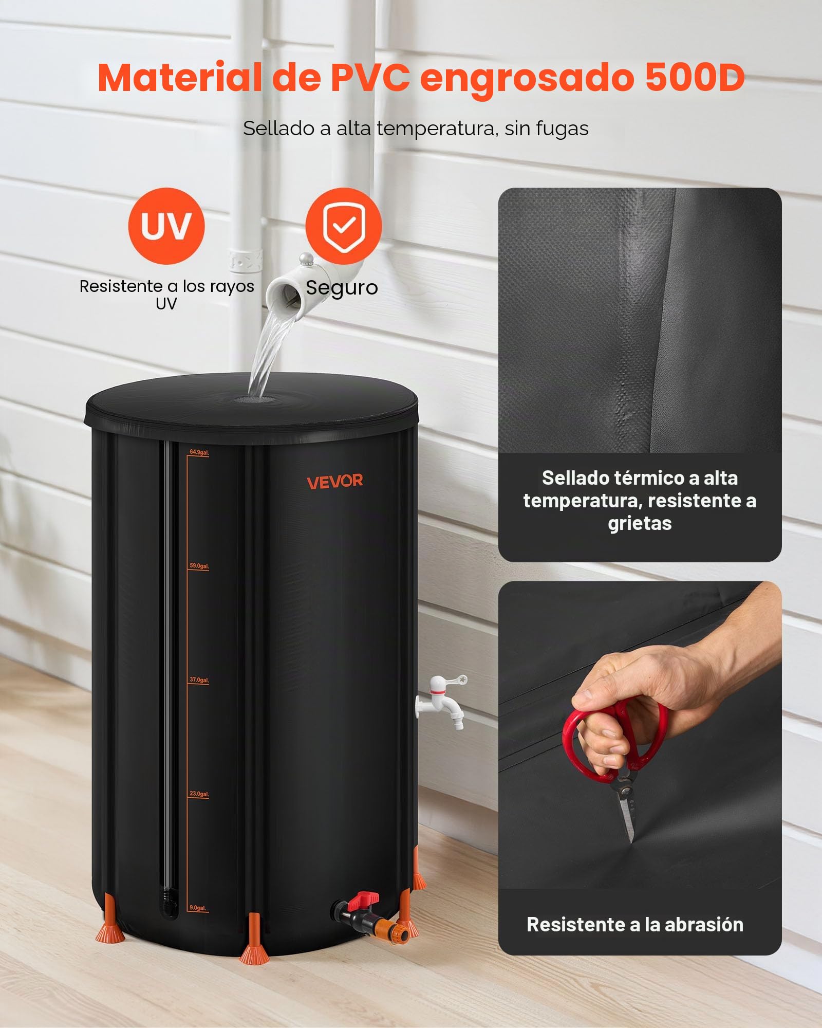 VEVOR Barril de Lluvia Plegable, Barril Portátil de 250 L de PVC 500D para Recolección de Agua de Lluvia, Contenedor de Almacenamiento de Agua para Jardín con Grifo y Kit de Desbordamiento, Negro