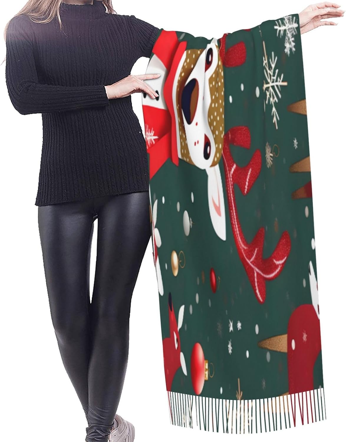 Christmas Deer Print Polyester Fringed Scarf 77x27 Inch Cozy Stylish Shawl Scarfs With Fringe For Fall, Winter Spring