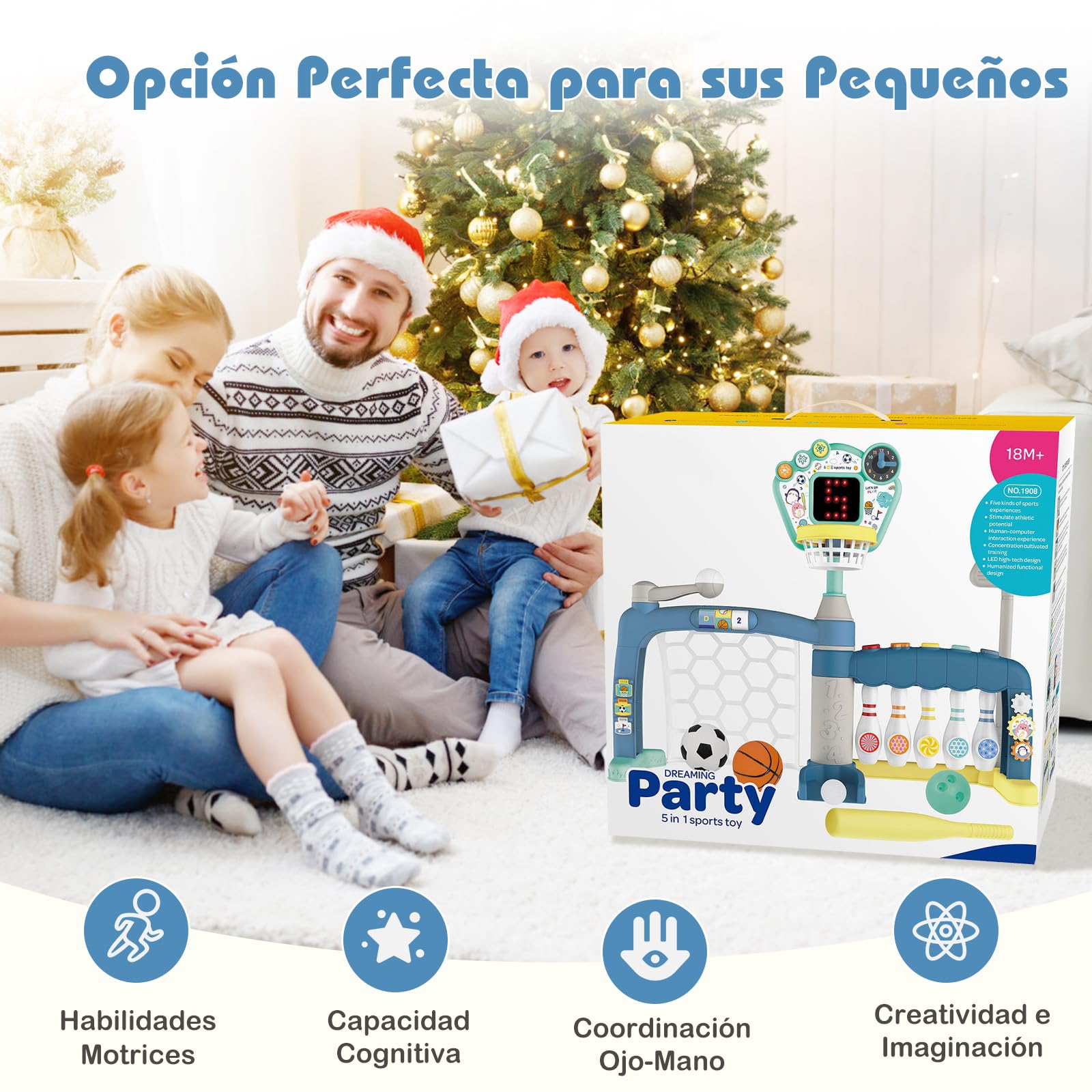 COSTWAY Juguete Deportivo 5 en 1 para Niños, Centro de Actividades para Niños con Aro de Baloncesto Ajustable, Meta de Fútbol, Golf, Bolos y Béisbol, Juguete Interactivo con Luces y Sonidos
