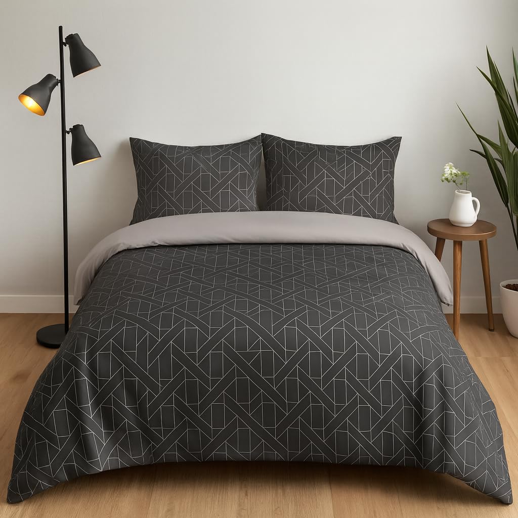 Lions Double Bed Bedding Sets - 100% Polyester Reversible Printed Pattern Quilt Duvet Cover with Pillowcase, Soft Geometric Pattern, Bed Linen, Charcoal — image 1