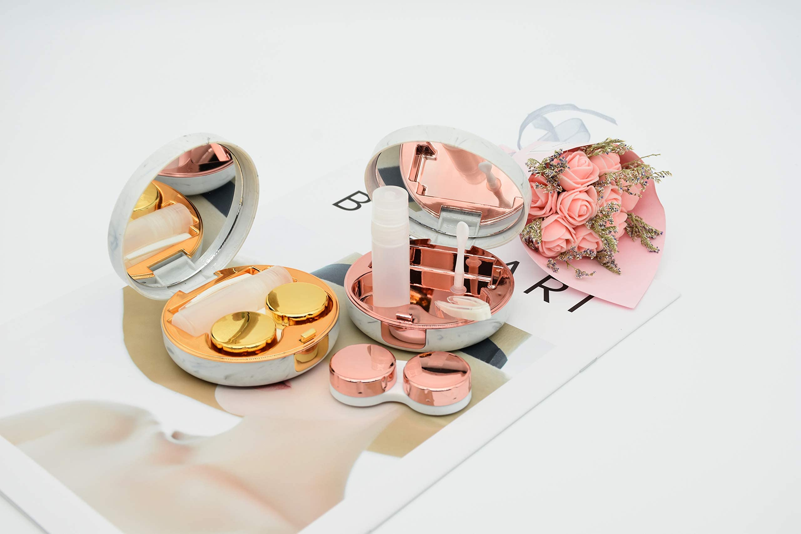 Confezione da 2 custodie per lenti a contatto in marmo, kit di stoccaggio per il contatto da viaggio (oro rosa + oro)
