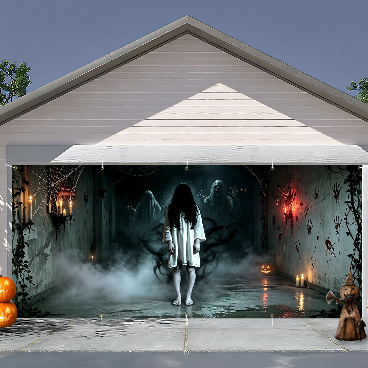 7 x 16 ft Foggy Corridor Halloween Garage Door Decorations Halloween decorations Witch Door Cover, Hanging Banner, Cauldron Backdrop Mural for Home, Outdoor