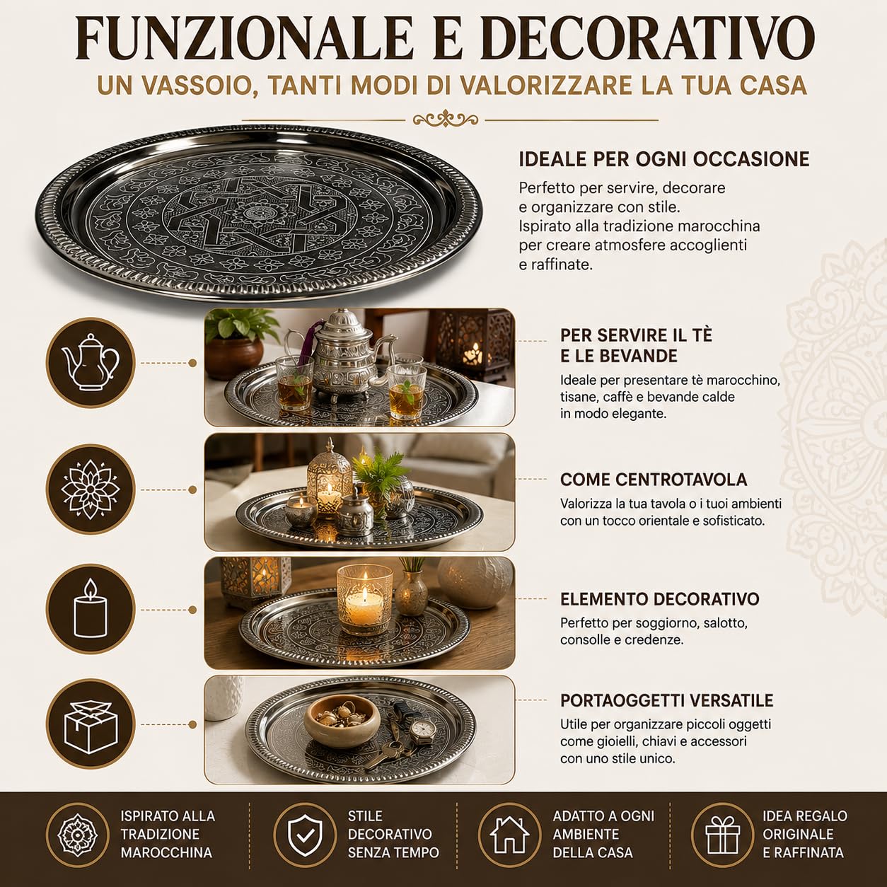 Vassoio Marocchino in Metallo Cesellato a Mano, Rotondo, Stile Orientale, Ø 30 cm, per Tè e Decorazione
