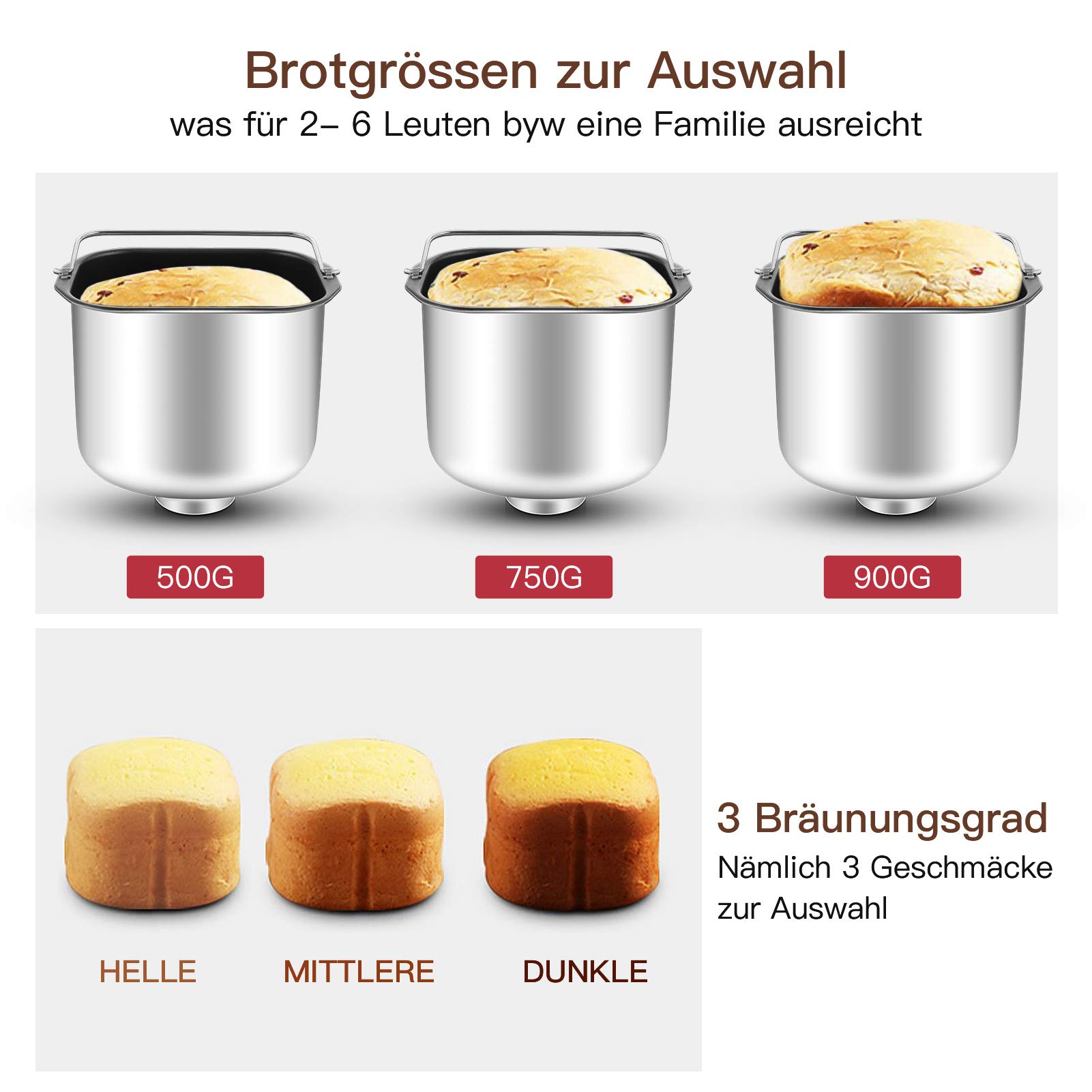 550W Brotbackautomat, COOCHEER Backmeister mit 25 Programme, Edelstahl Bread Maker Vollautomatische mit 13 Stunden Timing-Funktion, Silber