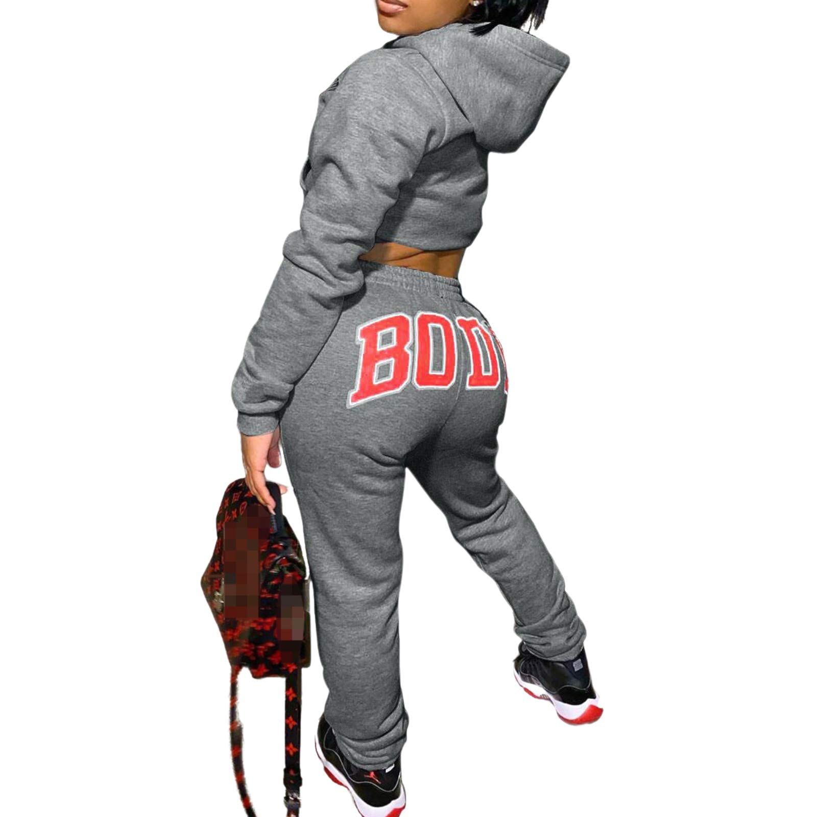 DaituWomen Jogger Outfit Matching Long Sleeve Crop Hoodies Top Letter Print Sweatpants Tracksuit 2 Piece Outfits