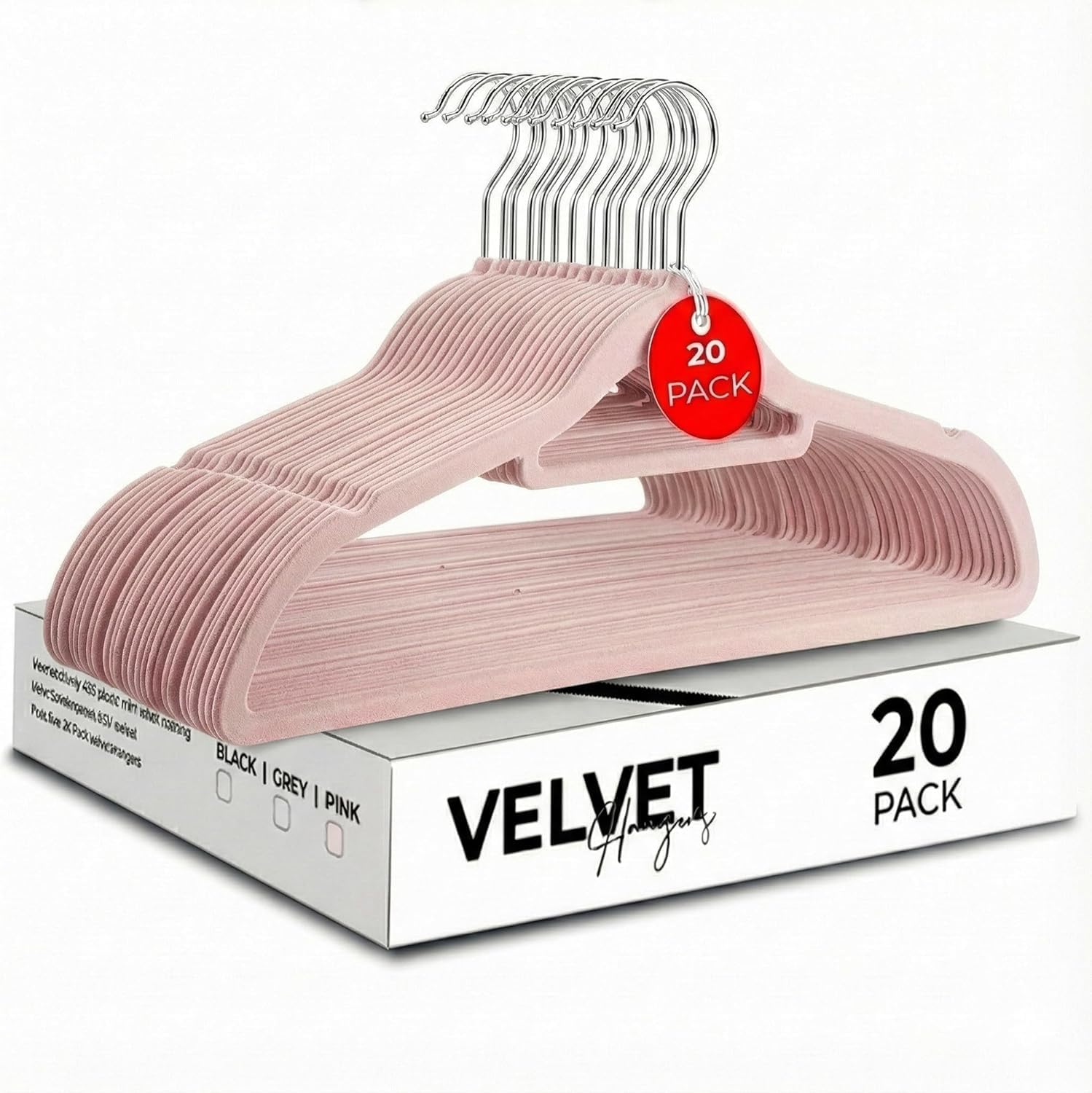Roe Tenpo Coat Hangers, 20 Pack | Velvet Hangers for Clothes with Tie Bar & 360° Hook | Durable & Sturdy | Non-Slip, Space-Saving Design for Shirts, Jackets, Trousers & More (Bright Pink, 20)