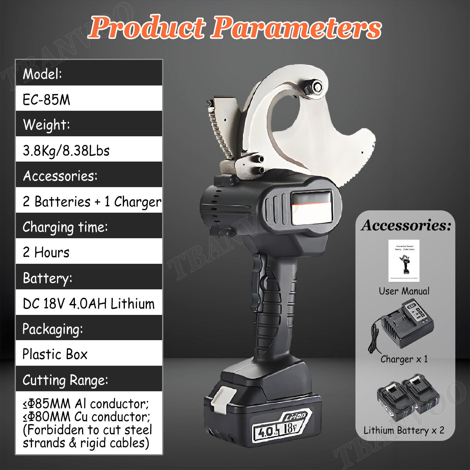 Kit de herramientas de corte de cables con cortador eléctrico de 18 V CC para cables Al/Cu y ACSR, incluye 2 pilas de alimentación de litio de 4 Ah y cargador para un corte eficiente