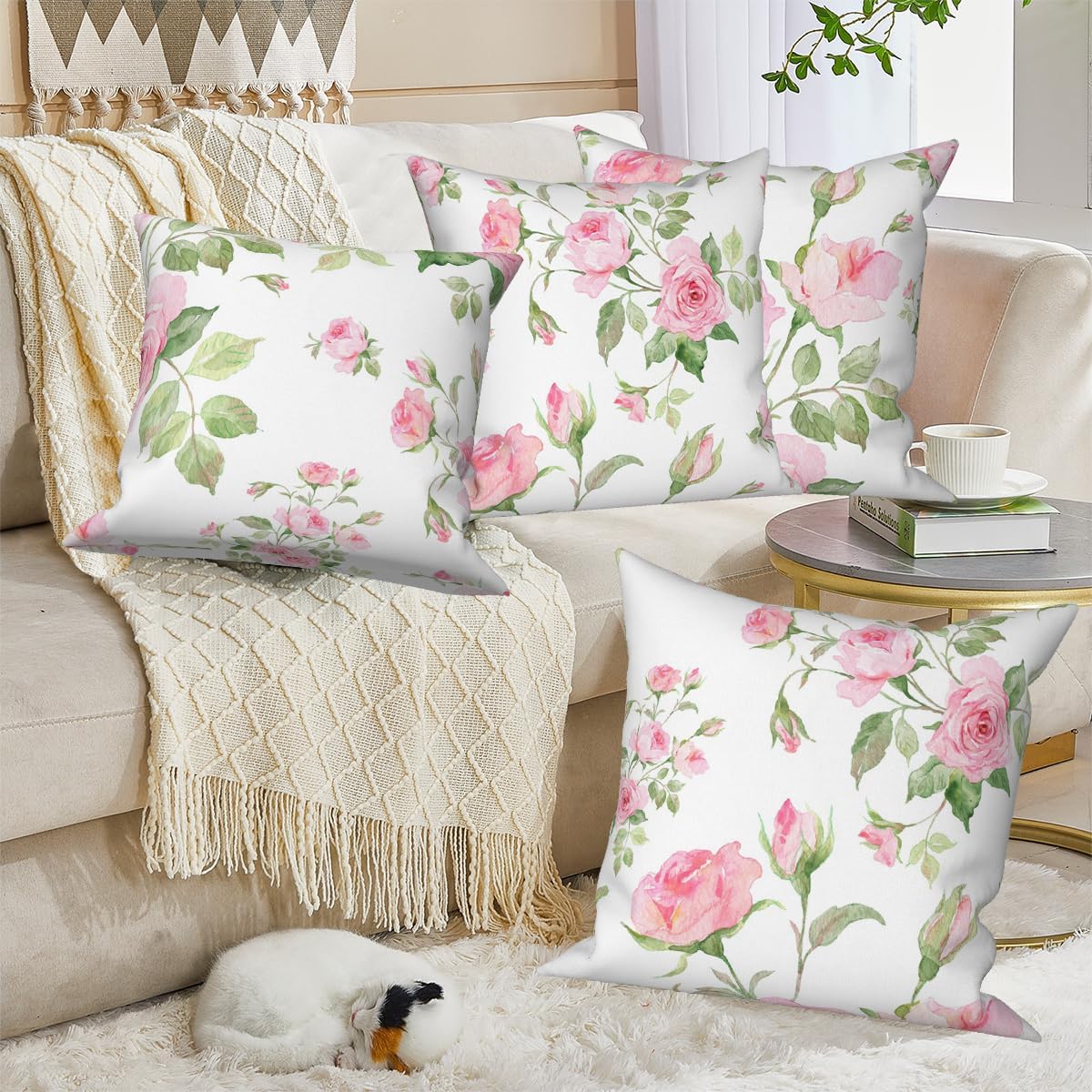 Pink Roses Throw Pillow Covers Blooming Floral Set of 4 Vintage Countryside Small Flower Green Leaves Linen Square Pillowcases for Couch Sofa Bedroom Patio Farmhouse Chair 20x20 Inch
