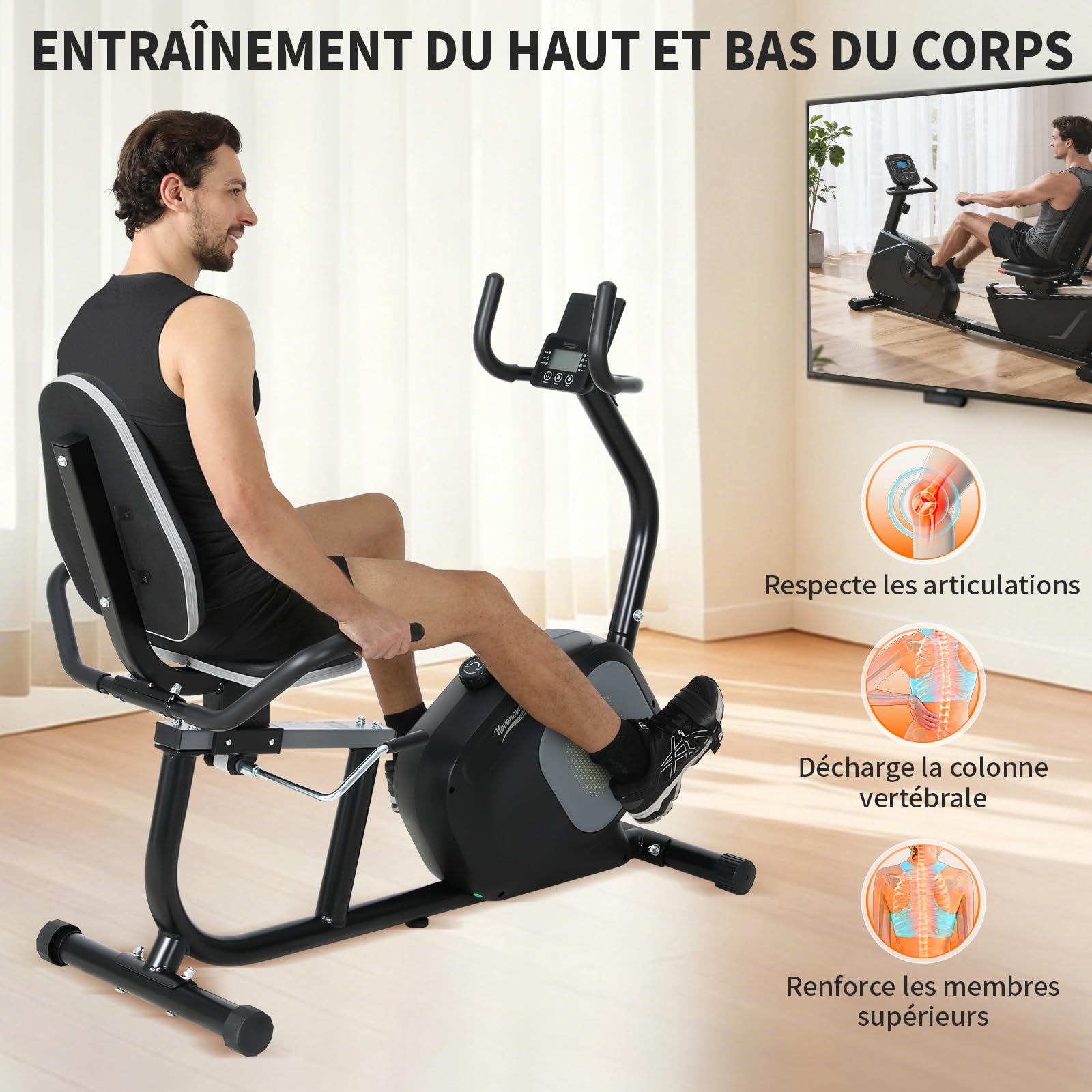 Vélo d'Appartement, Vélo Couché Semi-allongé Magnétique avec 16 Niveaux de Résistance Réglables, Vélo de Fitness avec Écran LCD, Poignées de Fréquence Cardiaque, Capacité de Charge de 100 kg
