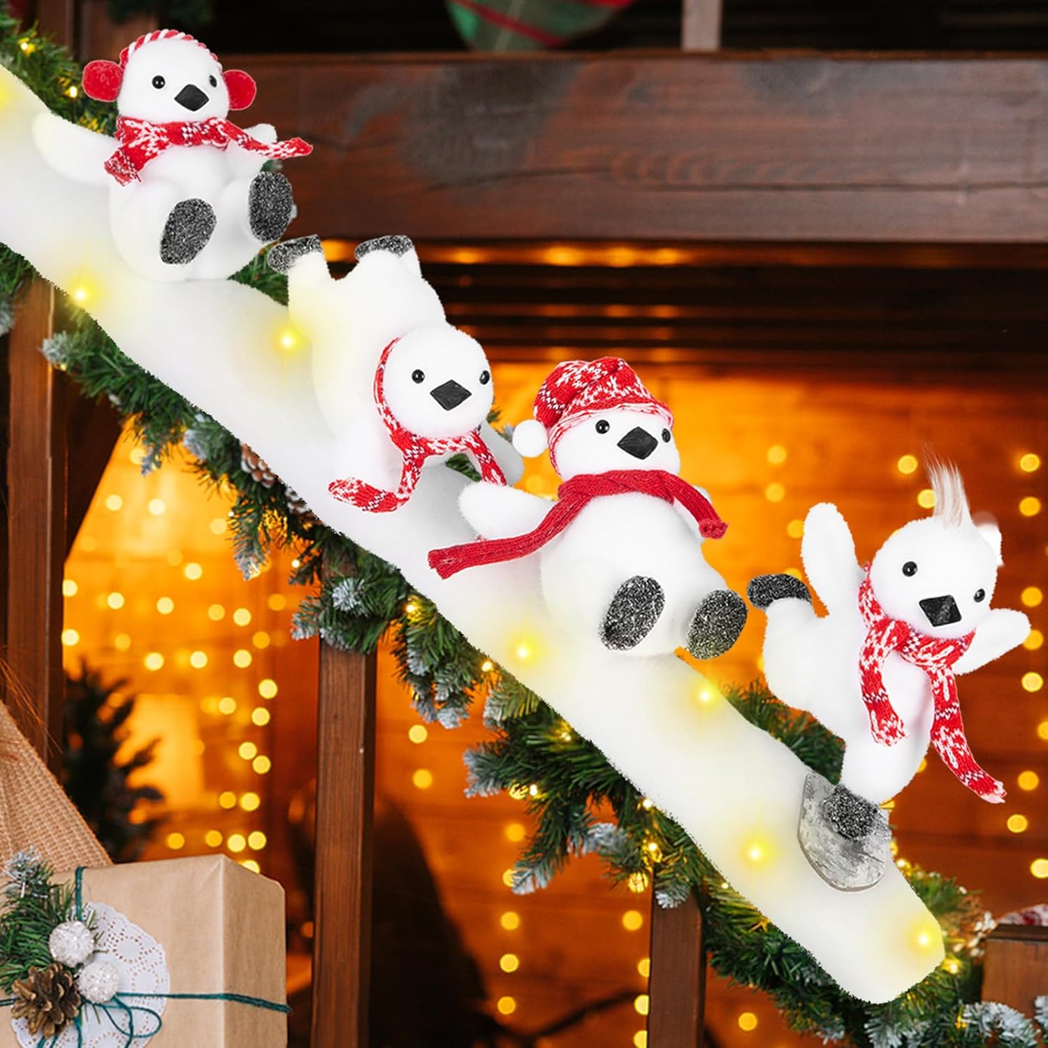 QEQEKAKA Christmas Stairs Decorations Set with 4PCS Skiing Penguin & Artificial Snow & LED Lamp Belt, for Home Interior Staircase Christmas Decorations