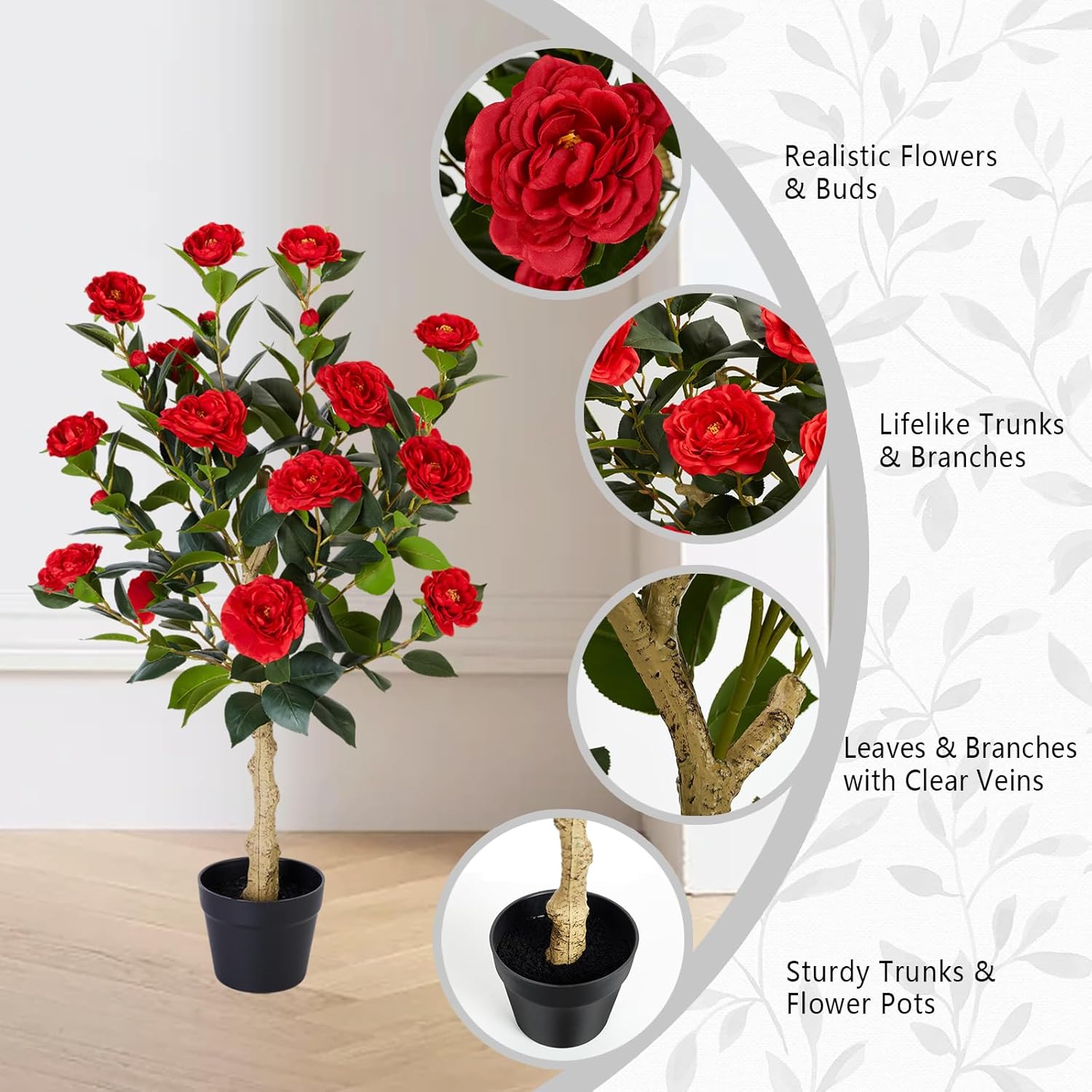 3FT Artificial Camellia Tree, 2 Pack Fake Camellia Tree Artificial Tree, Faux Floral Plants in Cement Pot, Greenery Potted Plant for Indoor Outdoor Home Office Porch Decor (Red)